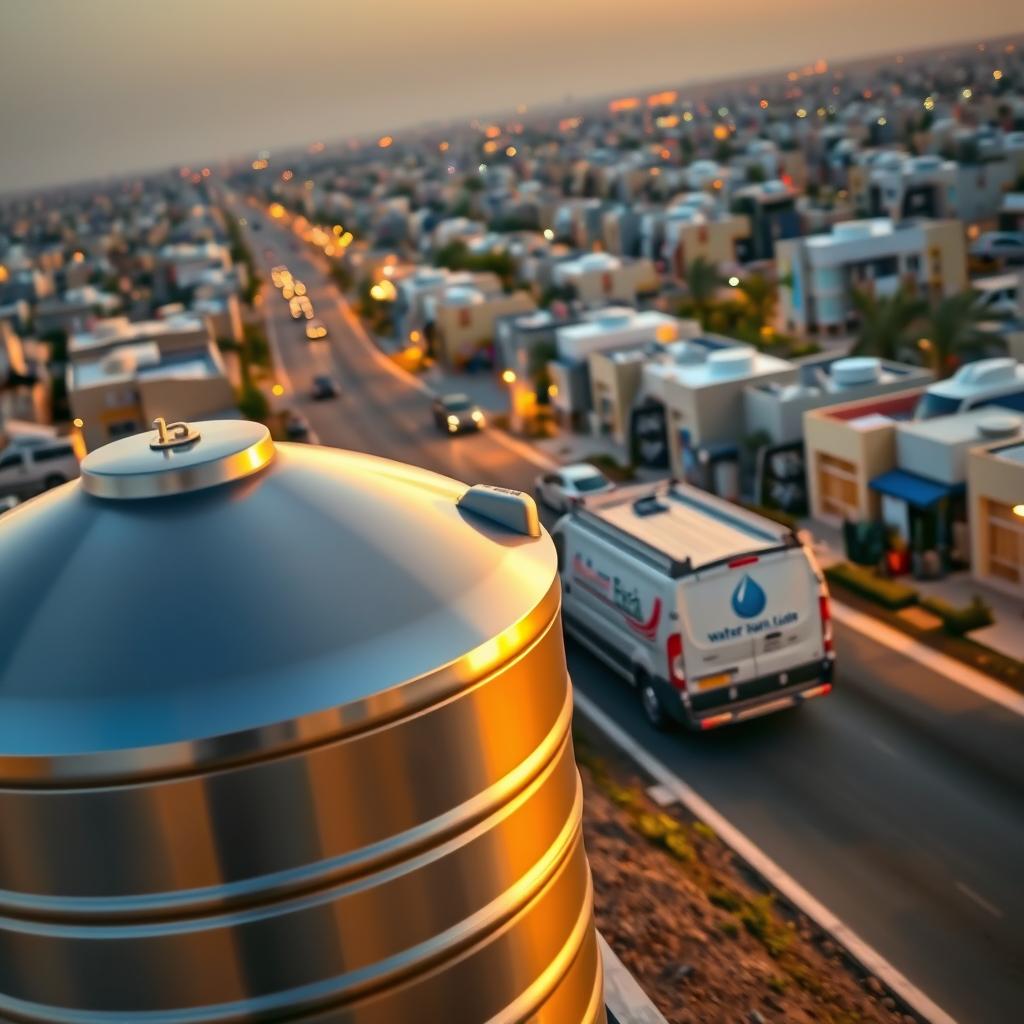 A bustling Kuwaiti neighborhood at dusk, with a focus on the rapid delivery of water tanks. In the foreground, a sleek, modern water tank stands prominently, its metallic surface gleaming under the warm, golden lighting. The middle ground features a delivery van, its logo visible, efficiently navigating the streets to bring the tanks to their destinations. In the background, a network of residential buildings and bustling activity create a sense of a thriving community. The overall atmosphere conveys a blend of efficiency, modernity, and the reliable delivery of an essential resource - water. The scene captures the fast-paced yet organized nature of the water tank distribution process in Kuwait. A bustling Kuwaiti neighborhood at dusk, with a focus on the rapid delivery of water tanks. In the foreground, a sleek, modern water tank stands prominently, its metallic surface gleaming under the warm, golden lighting. The middle ground features a delivery van, its logo visible, efficiently navigating the streets to bring the tanks to their destinations. In the background, a network of residential buildings and bustling activity create a sense of a thriving community. The overall atmosphere conveys a blend of efficiency, modernity, and the reliable delivery of an essential resource - water. The scene captures the fast-paced yet organized nature of the water tank distribution process in Kuwait.