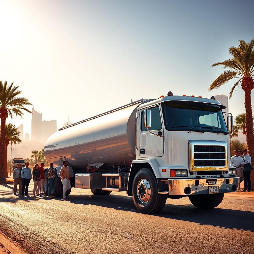 A bustling desert scene with a large white water tanker truck prominently displayed in the foreground, its chrome fittings and tank gleaming under the warm, golden sunlight. The truck is parked on a paved road flanked by palm trees, conveying a sense of efficiency and accessibility. In the middle ground, several local residents are seen gathering around the truck, suggesting a thriving on-demand water delivery service. The background features a hazy, sun-drenched cityscape, with towering buildings and a cloudless azure sky, creating an atmosphere of modern convenience and reliable service. The overall composition captures the 24/7 availability and convenience of the water delivery service, as suggested by the section title. A bustling desert scene with a large white water tanker truck prominently displayed in the foreground, its chrome fittings and tank gleaming under the warm, golden sunlight. The truck is parked on a paved road flanked by palm trees, conveying a sense of efficiency and accessibility. In the middle ground, several local residents are seen gathering around the truck, suggesting a thriving on-demand water delivery service. The background features a hazy, sun-drenched cityscape, with towering buildings and a cloudless azure sky, creating an atmosphere of modern convenience and reliable service. The overall composition captures the 24/7 availability and convenience of the water delivery service, as suggested by the section title.