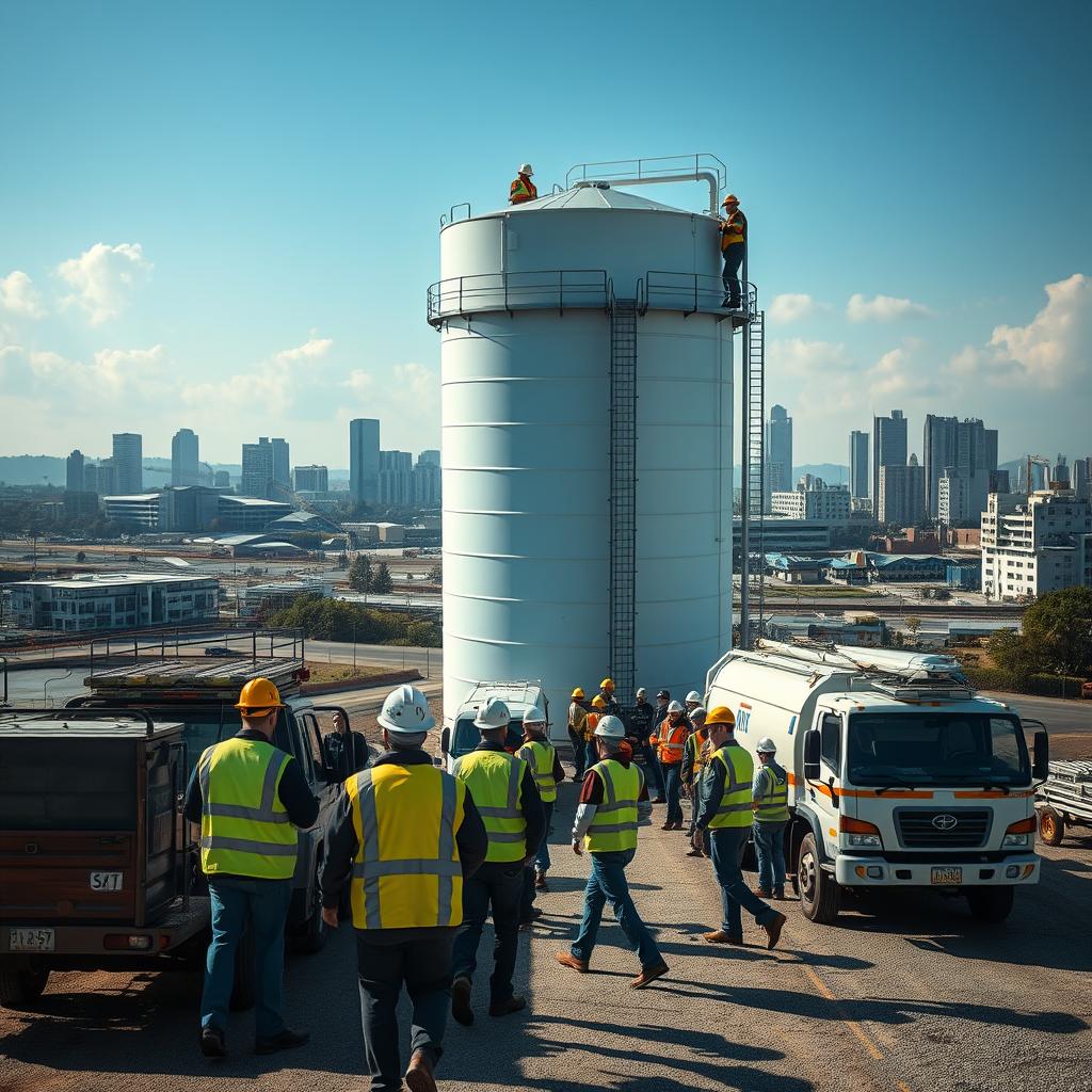 A bustling scene of efficient service and rapid response. In the foreground, a team of dedicated professionals in hard hats and reflective vests, working swiftly to inspect and maintain a towering water tank. The midground features a fleet of service vehicles, their engines idling as the crew moves with purpose. In the background, a cityscape of modern buildings and infrastructure, suggesting the scale and importance of this critical water supply system. Dramatic lighting casts long shadows, emphasizing the urgency and precision of the operation. The composition conveys a sense of uncompromising reliability, with every detail meticulously attended to ensure the seamless delivery of clean, secure water.