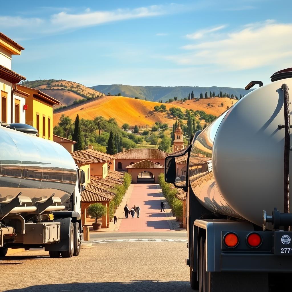 A bustling water delivery service operating 24/7, captured in a vibrant Andalusian setting. In the foreground, a sturdy water tanker truck stands ready, its chrome fixtures gleaming under warm afternoon sunlight. The middle ground features a picturesque Spanish plaza, with terracotta-tiled rooftops and intricate archways lining the streets. In the background, rolling hills dotted with olive groves and cypress trees create a serene, Mediterranean backdrop. The overall scene conveys a sense of reliable, round-the-clock accessibility to clean, fresh water - a vital resource in this sun-drenched region.