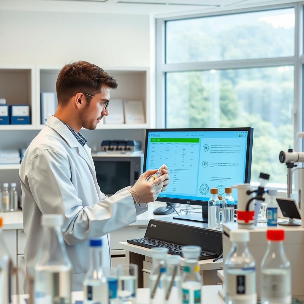 A clean, well-lit laboratory setting with various scientific equipment and instruments, including beakers, test tubes, and a water analysis machine. In the foreground, a technician in a white lab coat carefully takes a water sample and examines it on a computer screen, displaying water quality data and certifications. The middle ground shows shelves with water testing kits and documentation, conveying the rigorous testing and quality control processes. In the background, a large window overlooking a verdant landscape, highlighting the importance of safe, sustainable water sources. The overall atmosphere is one of professionalism, attention to detail, and a commitment to ensuring the highest standards of water safety and purity. A clean, well-lit laboratory setting with various scientific equipment and instruments, including beakers, test tubes, and a water analysis machine. In the foreground, a technician in a white lab coat carefully takes a water sample and examines it on a computer screen, displaying water quality data and certifications. The middle ground shows shelves with water testing kits and documentation, conveying the rigorous testing and quality control processes. In the background, a large window overlooking a verdant landscape, highlighting the importance of safe, sustainable water sources. The overall atmosphere is one of professionalism, attention to detail, and a commitment to ensuring the highest standards of water safety and purity.