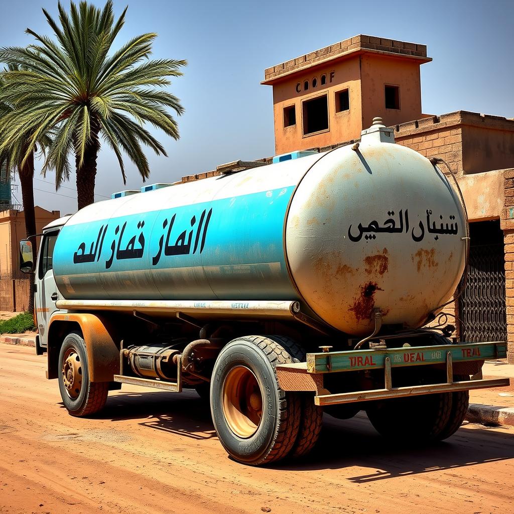 A detailed, high-resolution image of a large water tanker truck with the Arabic text "تنكر مياه ابو فطيرة" prominently displayed on the side. The truck is parked on a dusty, sun-drenched street in a rural Middle Eastern setting, with palm trees and traditional architecture visible in the background. The tanker has a weathered, well-used appearance, reflecting its use in transporting water to remote communities. The scene conveys a sense of functionality and the importance of reliable water infrastructure in the region. A detailed, high-resolution image of a large water tanker truck with the Arabic text "تنكر مياه ابو فطيرة" prominently displayed on the side. The truck is parked on a dusty, sun-drenched street in a rural Middle Eastern setting, with palm trees and traditional architecture visible in the background. The tanker has a weathered, well-used appearance, reflecting its use in transporting water to remote communities. The scene conveys a sense of functionality and the importance of reliable water infrastructure in the region.
