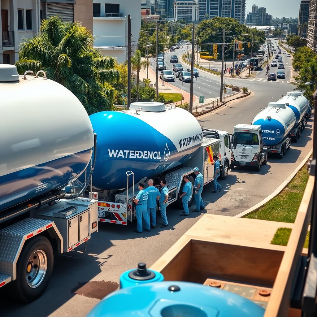 A fleet of emergency water tankers parked in a well-lit urban setting, their distinctive blue and white livery gleaming in the sun. In the foreground, a tanker is unloading its cargo into a residential water storage tank, a team of efficient workers orchestrating the process. In the background, a busy street scene with passing traffic and pedestrians, conveying a sense of urgency and the need for this vital service. The scene is captured with a wide-angle lens, emphasizing the scale and importance of this emergency water delivery system. The overall mood is one of reliability, professionalism, and the critical role this service plays in ensuring water security during times of crisis. A fleet of emergency water tankers parked in a well-lit urban setting, their distinctive blue and white livery gleaming in the sun. In the foreground, a tanker is unloading its cargo into a residential water storage tank, a team of efficient workers orchestrating the process. In the background, a busy street scene with passing traffic and pedestrians, conveying a sense of urgency and the need for this vital service. The scene is captured with a wide-angle lens, emphasizing the scale and importance of this emergency water delivery system. The overall mood is one of reliability, professionalism, and the critical role this service plays in ensuring water security during times of crisis.