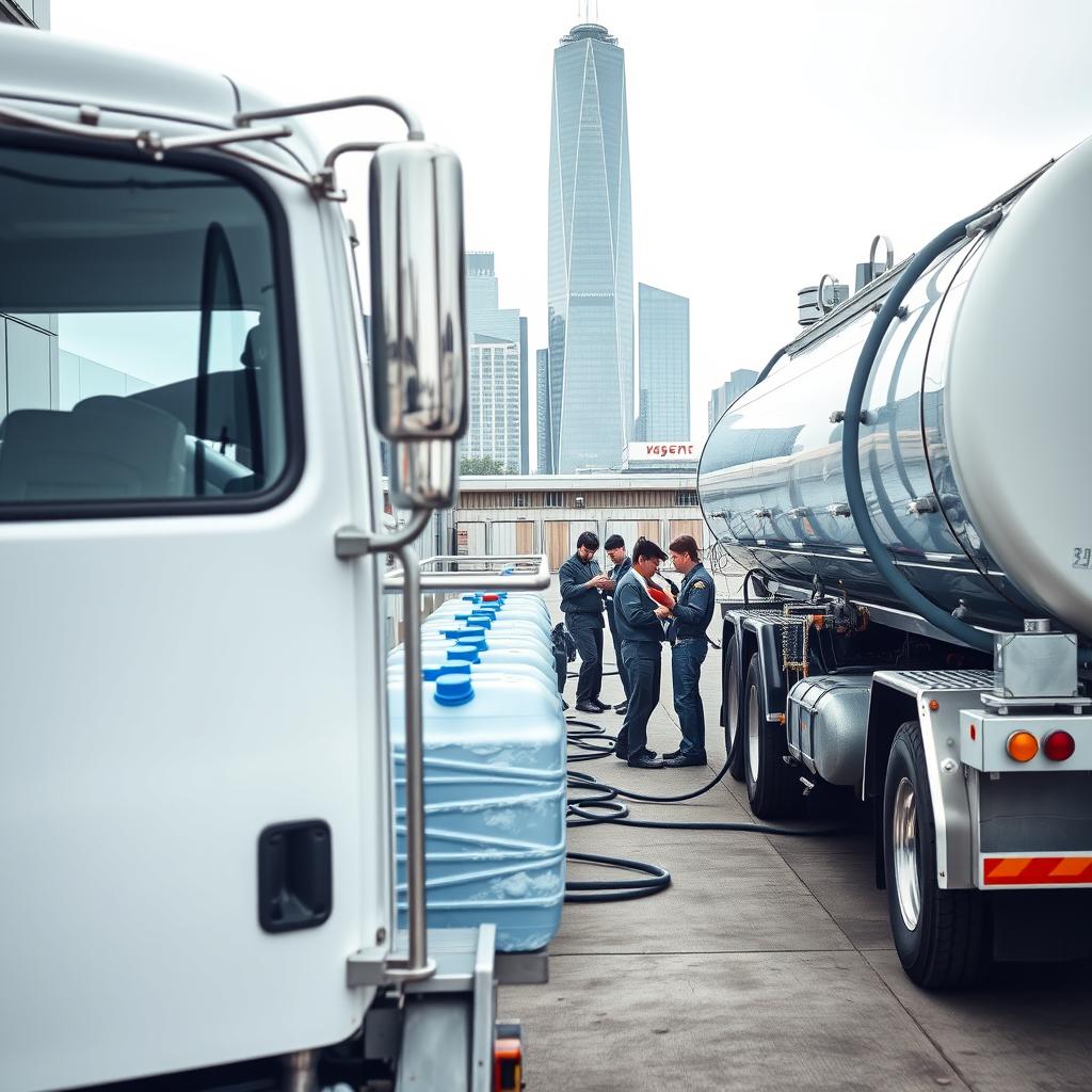 A high-quality water delivery service performed with utmost professionalism. In the foreground, a large water tanker truck with gleaming chrome fittings and a pristine white exterior stands ready to dispense its precious cargo. The middle ground features a team of well-trained and attentive workers, clad in uniforms, skillfully operating the hoses and valves to fill a line of waiting water containers. In the background, a modern urban skyline sets the scene, conveying a sense of efficiency and reliability. The lighting is soft and diffused, creating an atmosphere of calm competence. The angle is slightly elevated, allowing the viewer to appreciate the full scope of the meticulous water delivery operation.
