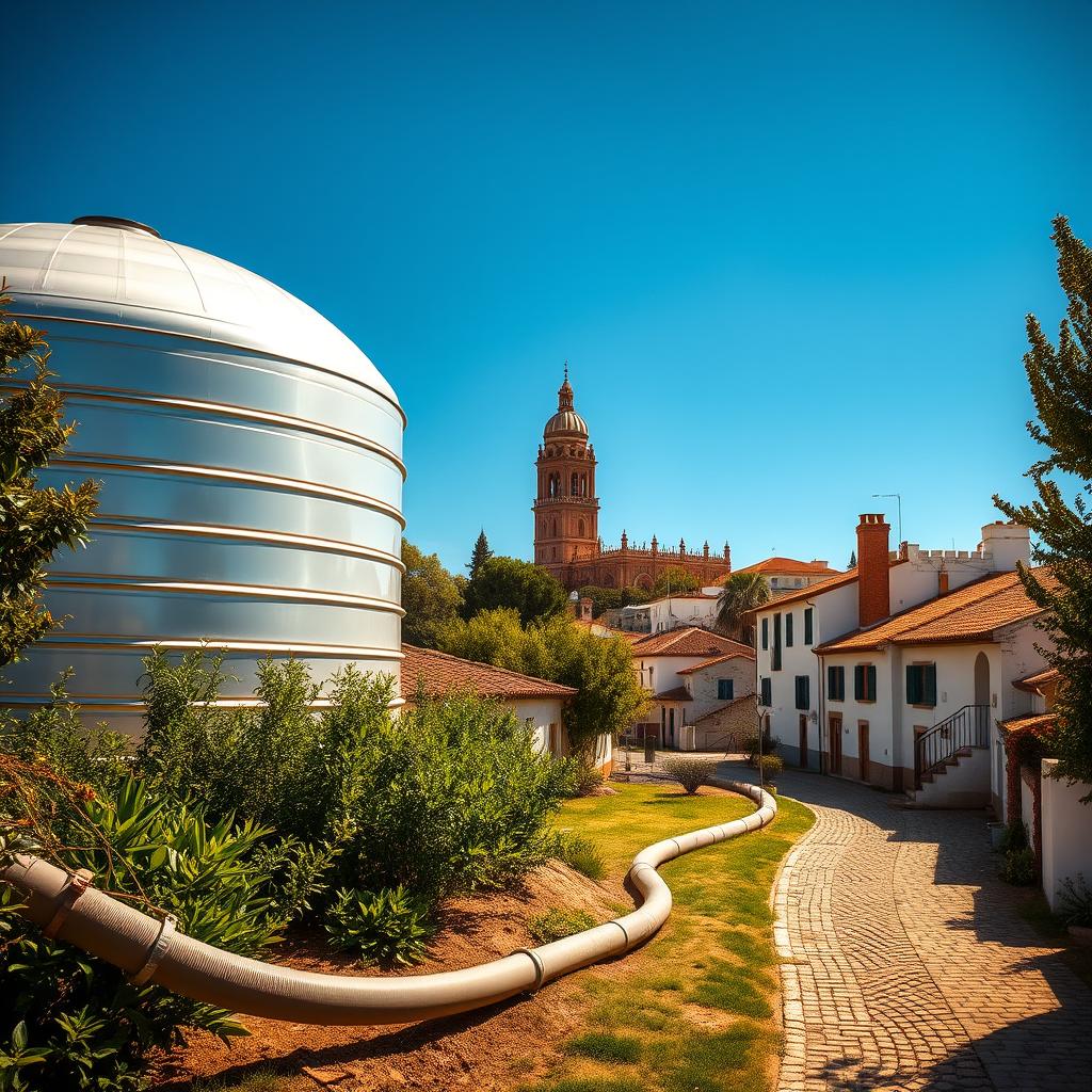 A large, gleaming water storage tank nestled amidst lush Andalusian greenery, its polished surface reflecting the warm Mediterranean sunlight. In the foreground, a sturdy water pipe snakes across the ground, conveying the precious liquid to nearby homes. The middle ground features a quaint cobblestone path, lined with terracotta-roofed houses, their whitewashed walls complementing the azure sky overhead. In the background, the iconic Giralda tower of Seville's Cathedral rises majestically, a testament to the city's rich architectural heritage. The scene evokes a sense of rustic tranquility and the reliable delivery of Seville's prized water resources to its residents.