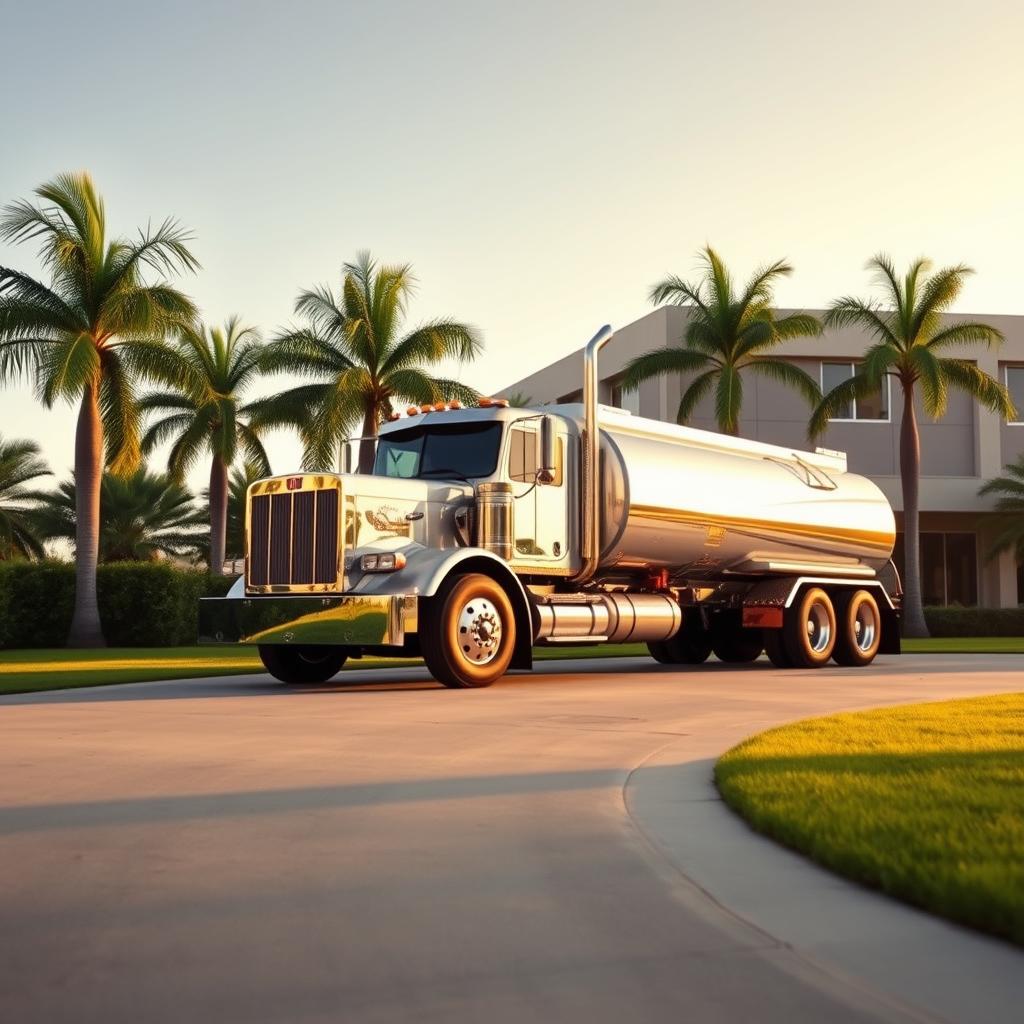 A large, gleaming water tanker truck dominates the foreground, its chrome exterior glistening in the warm, soft lighting. The truck is parked in a neatly paved driveway, surrounded by a lush, verdant landscape with towering palm trees swaying gently in the breeze. In the background, a modern office building with clean, minimalist architecture stands as a testament to the company's commitment to excellence and professionalism. The overall scene conveys a sense of reliability, efficiency, and a dedication to providing high-quality water transportation services to the community.