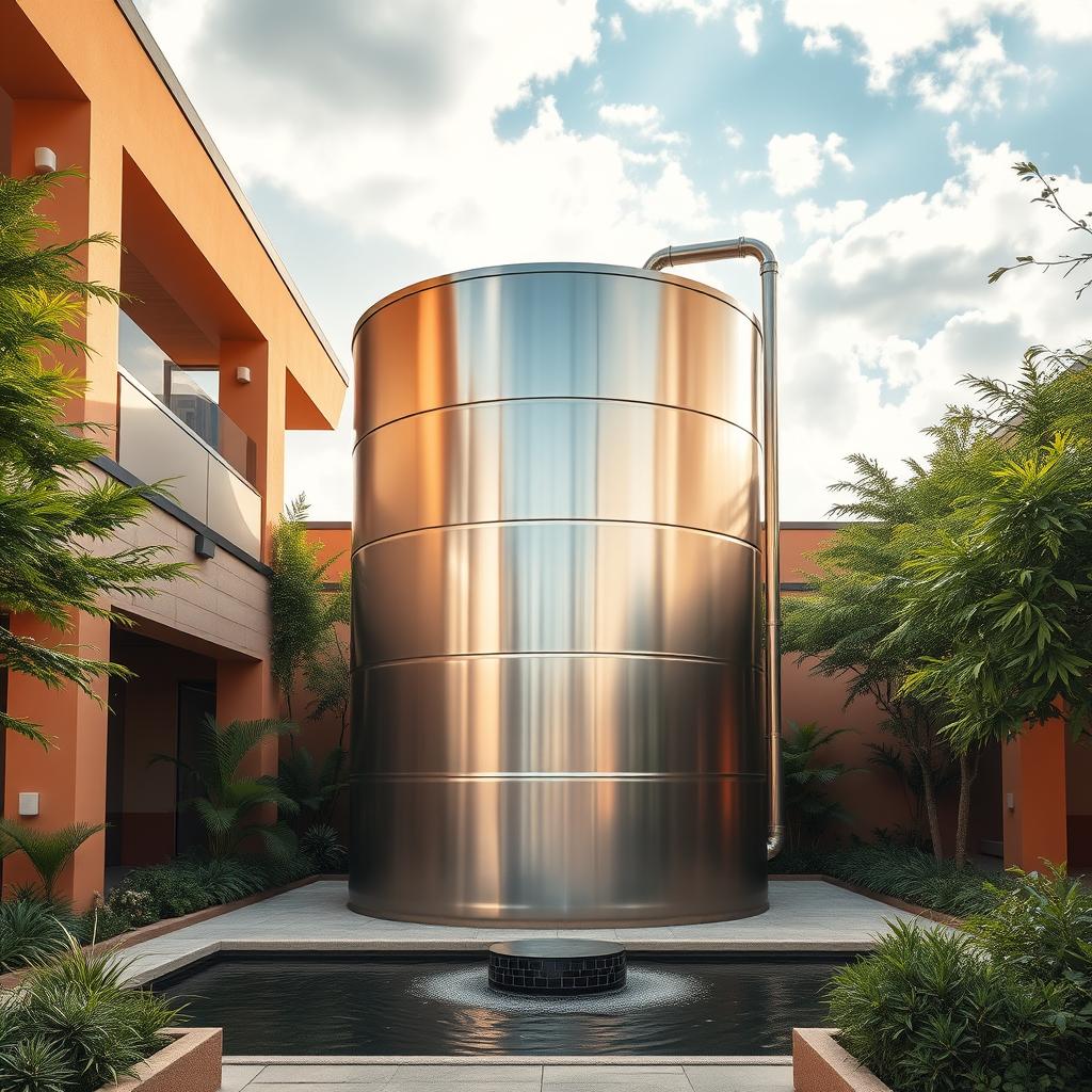 A large, modern water storage tank standing prominently in a sun-dappled courtyard. The tank's smooth, cylindrical form is made of gleaming stainless steel, reflecting the warm tones of the surrounding architecture. Lush greenery and a serene water feature frame the tank, creating a tranquil, nature-inspired scene. Soft, diffused lighting filters through partially clouded skies, casting gentle shadows and highlights that accentuate the tank's sleek, angular design. The overall composition conveys a sense of efficiency, functionality, and integration with the surrounding environment, perfectly suited for a residential setting. A large, modern water storage tank standing prominently in a sun-dappled courtyard. The tank's smooth, cylindrical form is made of gleaming stainless steel, reflecting the warm tones of the surrounding architecture. Lush greenery and a serene water feature frame the tank, creating a tranquil, nature-inspired scene. Soft, diffused lighting filters through partially clouded skies, casting gentle shadows and highlights that accentuate the tank's sleek, angular design. The overall composition conveys a sense of efficiency, functionality, and integration with the surrounding environment, perfectly suited for a residential setting.