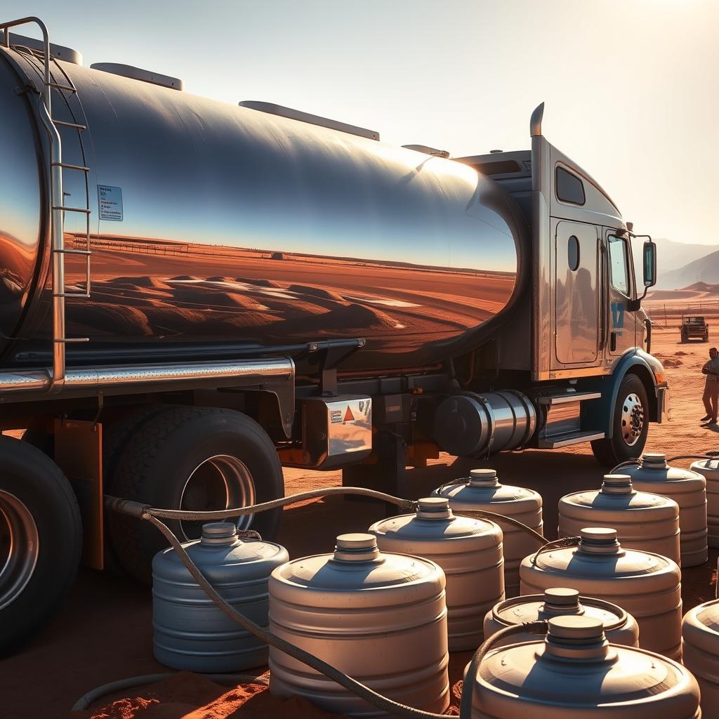 A large water tanker truck against a backdrop of a desert landscape, transporting clean, fresh water to a remote village. The truck's chrome and steel exterior gleams in the bright desert sun, conveying a sense of reliability and durability. In the foreground, a team of workers carefully connects hoses from the tanker to a series of water storage tanks, ensuring a seamless and efficient delivery process. The scene is bathed in warm, golden light, creating a serene and tranquil atmosphere that underscores the importance of this water delivery service. The overall composition emphasizes the truck's impressive size and capability, instilling a sense of trust and confidence in the viewer. A large water tanker truck against a backdrop of a desert landscape, transporting clean, fresh water to a remote village. The truck's chrome and steel exterior gleams in the bright desert sun, conveying a sense of reliability and durability. In the foreground, a team of workers carefully connects hoses from the tanker to a series of water storage tanks, ensuring a seamless and efficient delivery process. The scene is bathed in warm, golden light, creating a serene and tranquil atmosphere that underscores the importance of this water delivery service. The overall composition emphasizes the truck's impressive size and capability, instilling a sense of trust and confidence in the viewer.