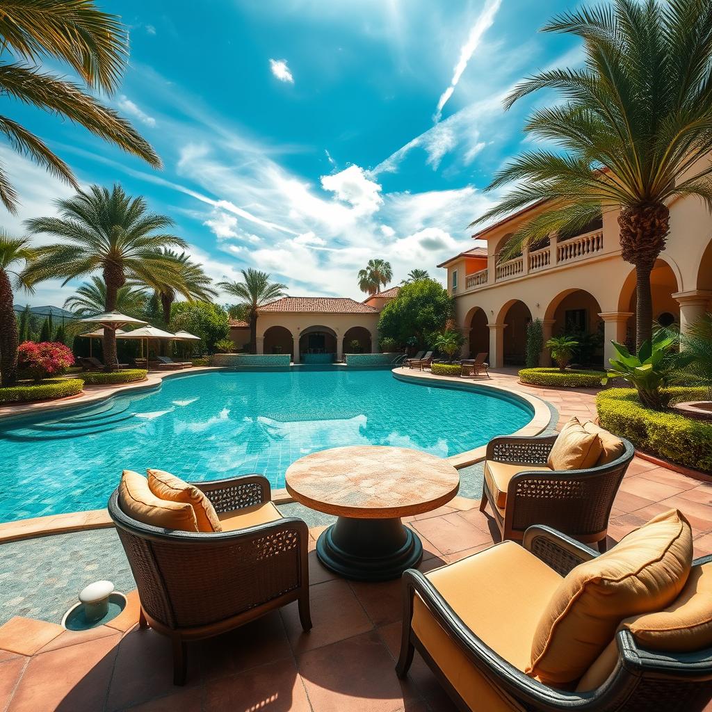 A lush, serene poolside setting with a tiled pool surrounded by well-manicured gardens, palm trees, and warm Mediterranean-style architecture. Sunlight filters through wispy clouds, casting gentle shadows and highlighting the crystal-clear water. Elegant outdoor furniture, such as plush lounge chairs and a stone-topped table, invite relaxation. The overall atmosphere evokes a sense of tranquility and leisure, perfect for a private villa, restaurant, or hotel.