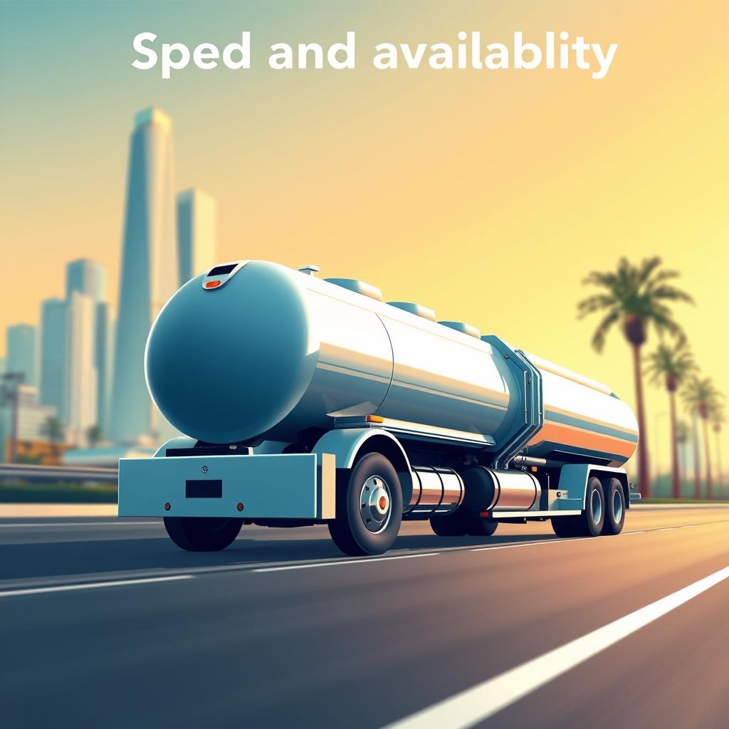 A modern, minimalist illustration depicting the "speed and availability" service concept. Showcase a clean, high-contrast visual with a sleek water tanker truck in the foreground, its dynamic lines and chrome accents conveying a sense of efficiency and reliability. In the middle ground, a blurred cityscape with towering buildings and palm trees, suggesting the urban context. The background should have a soft, gradient sky in warm, golden hues, creating an inviting, yet professional atmosphere. Utilise dramatic lighting with crisp shadows to emphasize the tanker's form and convey a sense of 24/7 availability. Overall, the image should radiate a mood of dependability, timeliness, and accessibility. A modern, minimalist illustration depicting the "speed and availability" service concept. Showcase a clean, high-contrast visual with a sleek water tanker truck in the foreground, its dynamic lines and chrome accents conveying a sense of efficiency and reliability. In the middle ground, a blurred cityscape with towering buildings and palm trees, suggesting the urban context. The background should have a soft, gradient sky in warm, golden hues, creating an inviting, yet professional atmosphere. Utilise dramatic lighting with crisp shadows to emphasize the tanker's form and convey a sense of 24/7 availability. Overall, the image should radiate a mood of dependability, timeliness, and accessibility.
