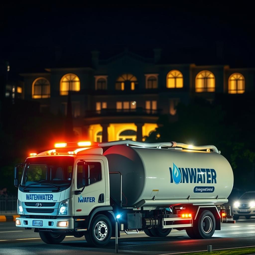 A nighttime emergency water delivery service in action. In the foreground, a large water tanker truck with bold signage and flashing amber lights, ready to respond to a crisis. Midground, a palatial residence with grand arched windows, illuminated from within, casting a warm glow. The background blurs into a shadowy urban landscape, hinting at the scale and grandeur of the palace. High-contrast lighting creates dramatic shadows, evoking a sense of urgency and importance. The scene conveys the essential, around-the-clock nature of this specialized service, catering to the needs of a prestigious household. A nighttime emergency water delivery service in action. In the foreground, a large water tanker truck with bold signage and flashing amber lights, ready to respond to a crisis. Midground, a palatial residence with grand arched windows, illuminated from within, casting a warm glow. The background blurs into a shadowy urban landscape, hinting at the scale and grandeur of the palace. High-contrast lighting creates dramatic shadows, evoking a sense of urgency and importance. The scene conveys the essential, around-the-clock nature of this specialized service, catering to the needs of a prestigious household.