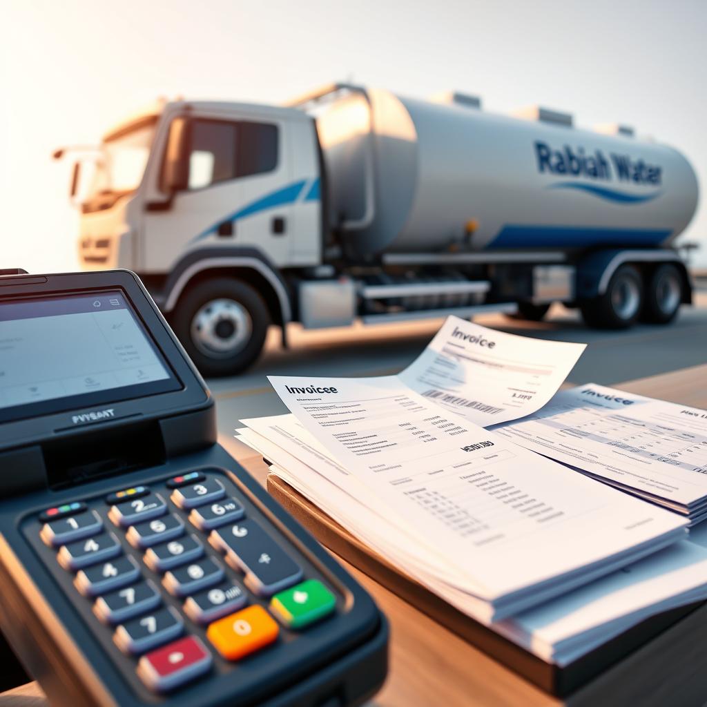 A panoramic view of payment methods and transparent billing for a water delivery service. In the foreground, a digital payment terminal displays various options - cash, credit card, mobile wallet. The middle ground showcases neatly organized invoices and receipts, conveying a sense of order and accountability. In the background, a water tanker truck stands ready, its sleek design and pristine condition suggesting a professional, reliable operation. Soft, warm lighting bathes the scene, creating an atmosphere of trust and customer-centric service. The overall composition emphasizes efficiency, transparency, and a commitment to meeting the needs of Rabiah's water consumers. A panoramic view of payment methods and transparent billing for a water delivery service. In the foreground, a digital payment terminal displays various options - cash, credit card, mobile wallet. The middle ground showcases neatly organized invoices and receipts, conveying a sense of order and accountability. In the background, a water tanker truck stands ready, its sleek design and pristine condition suggesting a professional, reliable operation. Soft, warm lighting bathes the scene, creating an atmosphere of trust and customer-centric service. The overall composition emphasizes efficiency, transparency, and a commitment to meeting the needs of Rabiah's water consumers.