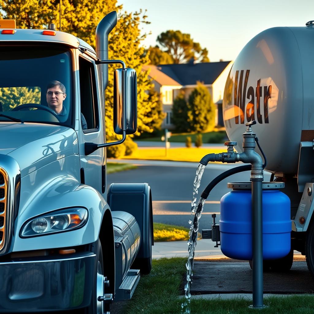 A photorealistic depiction of a water tanker truck delivering water in a residential neighborhood. The truck is in the foreground, its chrome grille and side panels gleaming in the warm afternoon sunlight. The driver's side door is open, and a uniformed worker is visible inside. In the middle ground, the truck's hydraulic hose is extended, connected to a residential water spigot, with water cascading into a large blue plastic tank. In the background, houses and trees line the quiet street, creating a sense of a peaceful, well-maintained suburban setting. The scene conveys efficiency, convenience, and the reliable provision of a vital resource. A photorealistic depiction of a water tanker truck delivering water in a residential neighborhood. The truck is in the foreground, its chrome grille and side panels gleaming in the warm afternoon sunlight. The driver's side door is open, and a uniformed worker is visible inside. In the middle ground, the truck's hydraulic hose is extended, connected to a residential water spigot, with water cascading into a large blue plastic tank. In the background, houses and trees line the quiet street, creating a sense of a peaceful, well-maintained suburban setting. The scene conveys efficiency, convenience, and the reliable provision of a vital resource.
