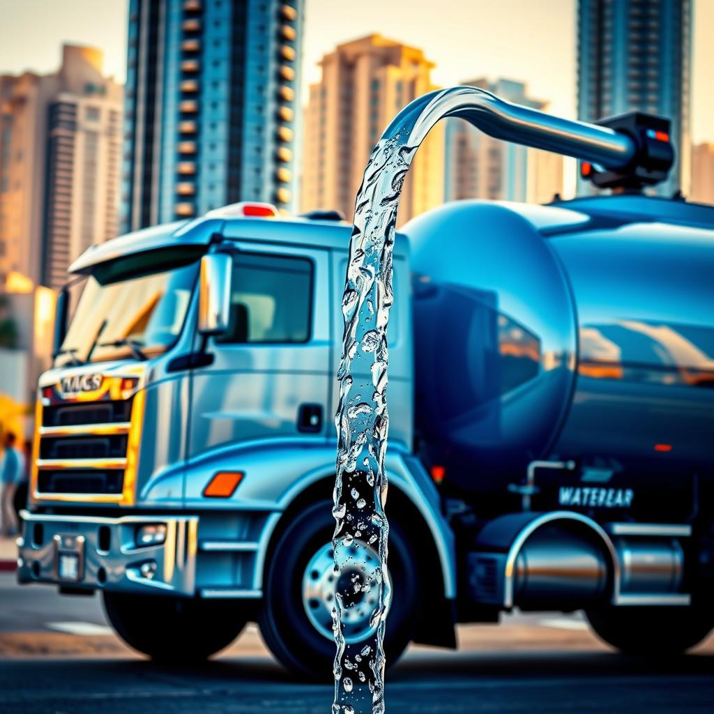 A pristine water tanker truck, its gleaming chrome and azure-blue exterior reflecting the warm desert sunlight. The vehicle's sleek, aerodynamic design suggests speed and efficiency. In the foreground, a clear, sparkling stream of pure water pours from the truck's hose, its trajectory arcing gracefully through the air. The background depicts a bustling urban landscape, with towering modern buildings and bustling streets, highlighting the truck's crucial role in providing reliable, high-quality water services to the community. The overall scene conveys a sense of trust, dependability, and the unwavering commitment to delivering clean, pure water to those in need.