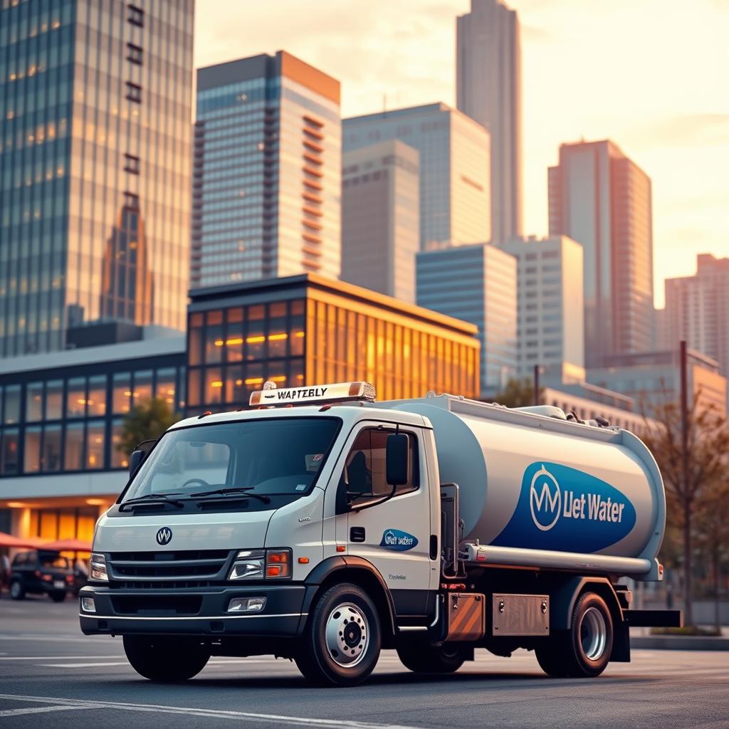 A professional and well-equipped water delivery truck prominently positioned in the foreground, its logo and branding clearly visible. In the middle ground, a group of modern commercial buildings and restaurants, suggesting the target clientele for the water delivery service. The background features a cityscape with towering skyscrapers, conveying a sense of an urban commercial district. Warm, golden lighting illuminates the scene, creating a welcoming and professional atmosphere. The composition is balanced, with the water truck occupying the central focus, surrounded by the buildings it serves. Overall, the image should convey the efficiency, convenience, and reliability of the water delivery service for commercial and business customers. A professional and well-equipped water delivery truck prominently positioned in the foreground, its logo and branding clearly visible. In the middle ground, a group of modern commercial buildings and restaurants, suggesting the target clientele for the water delivery service. The background features a cityscape with towering skyscrapers, conveying a sense of an urban commercial district. Warm, golden lighting illuminates the scene, creating a welcoming and professional atmosphere. The composition is balanced, with the water truck occupying the central focus, surrounded by the buildings it serves. Overall, the image should convey the efficiency, convenience, and reliability of the water delivery service for commercial and business customers.