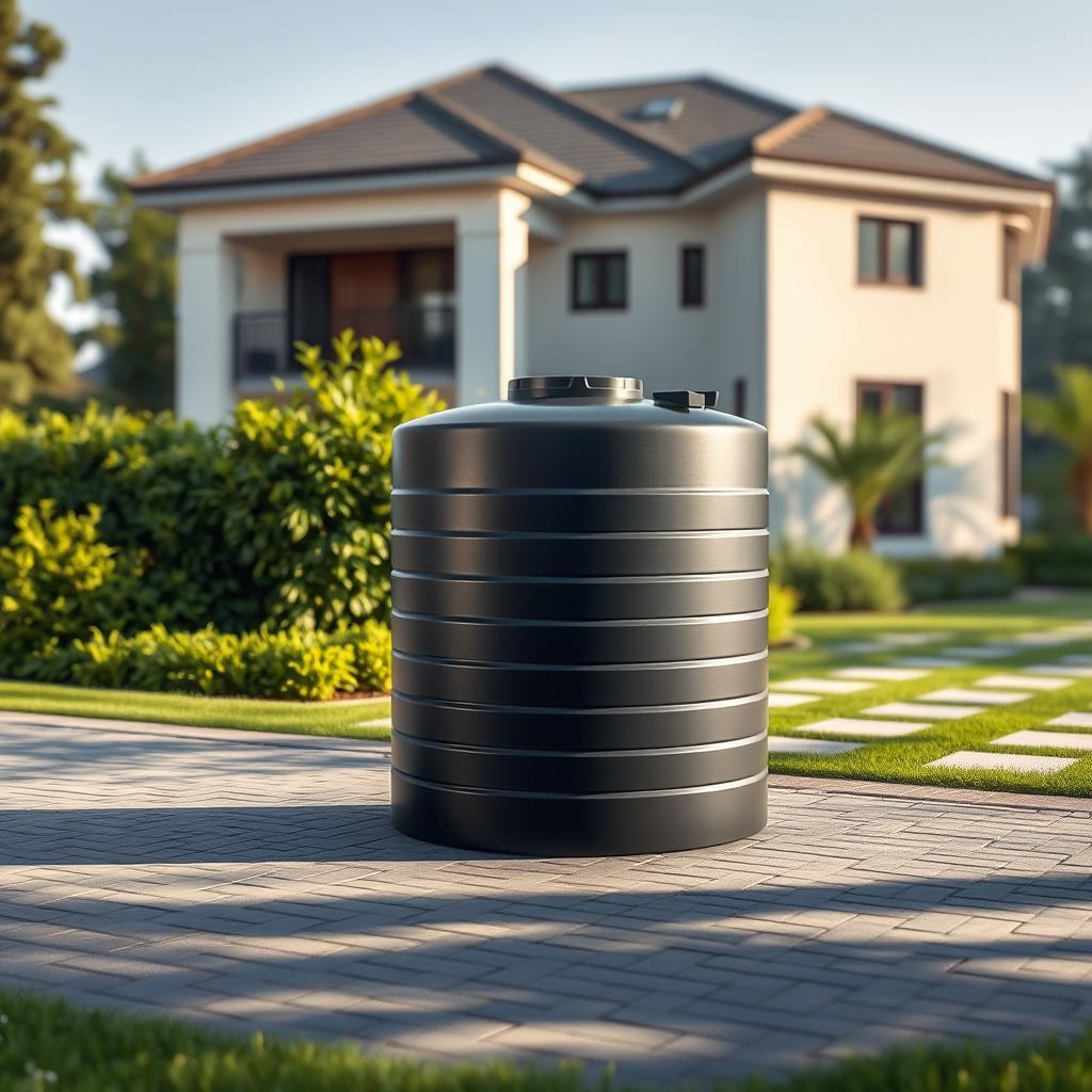 A professional, high-quality photograph showcasing a durable, large-capacity Tenkir water tank in a residential setting. The tank is situated in the foreground, its sleek, cylindrical shape casting striking shadows on the ground. The middle ground features lush, verdant foliage and a well-maintained paved driveway, conveying a sense of tranquility and order. In the background, the image captures a modern, well-appointed house with clean architectural lines, reflecting the tank's elegant design. The lighting is soft and diffused, creating a warm, inviting atmosphere. The composition is balanced, with the tank positioned slightly off-center to draw the viewer's eye. The overall scene evokes professionalism, reliability, and a commitment to providing high-quality water storage solutions for the home. A professional, high-quality photograph showcasing a durable, large-capacity Tenkir water tank in a residential setting. The tank is situated in the foreground, its sleek, cylindrical shape casting striking shadows on the ground. The middle ground features lush, verdant foliage and a well-maintained paved driveway, conveying a sense of tranquility and order. In the background, the image captures a modern, well-appointed house with clean architectural lines, reflecting the tank's elegant design. The lighting is soft and diffused, creating a warm, inviting atmosphere. The composition is balanced, with the tank positioned slightly off-center to draw the viewer's eye. The overall scene evokes professionalism, reliability, and a commitment to providing high-quality water storage solutions for the home.