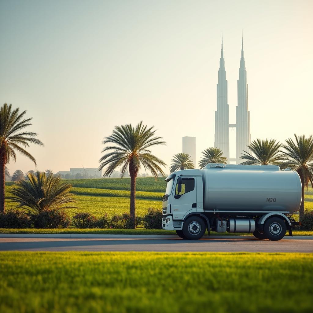 A serene and tranquil scene in Kuwait showcasing the optimal water tanker service. In the foreground, a modern, well-maintained water tanker truck stands prominently, its sleek design and pristine white finish reflecting the sunlight. The middle ground features a lush, verdant landscape with palm trees swaying gently in the breeze, conveying a sense of natural harmony. In the background, the iconic Kuwait Towers rise majestically, their distinctive silhouette symbolizing the country's modernity and progress. The lighting is soft and warm, creating a welcoming atmosphere. The overall composition emphasizes the reliability, efficiency, and customer-centric approach of the water tanker service, making it the ideal choice for Sabah Al-Nasser residents.