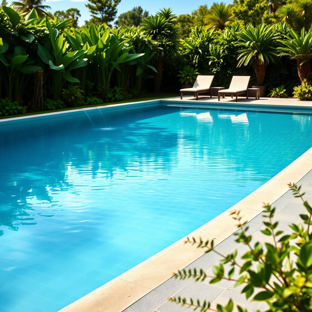 A serene, crystal-clear swimming pool surrounded by a lush, verdant garden. The water's surface reflects the vibrant greenery and azure sky, creating a harmonious, tranquil atmosphere. The pool's tiles shimmer in the warm, diffused sunlight, exuding a sense of high-quality craftsmanship and meticulous attention to detail. Sleek, minimalist pool furniture invites leisurely relaxation, while carefully placed plants and foliage add a touch of natural elegance. The entire scene conveys a peaceful oasis, an idyllic respite from the outside world, perfectly capturing the essence of "مياه عذبة المسابح وتعبئة المسابح بجودة عالية". A serene, crystal-clear swimming pool surrounded by a lush, verdant garden. The water's surface reflects the vibrant greenery and azure sky, creating a harmonious, tranquil atmosphere. The pool's tiles shimmer in the warm, diffused sunlight, exuding a sense of high-quality craftsmanship and meticulous attention to detail. Sleek, minimalist pool furniture invites leisurely relaxation, while carefully placed plants and foliage add a touch of natural elegance. The entire scene conveys a peaceful oasis, an idyllic respite from the outside world, perfectly capturing the essence of "مياه عذبة المسابح وتعبئة المسابح بجودة عالية".