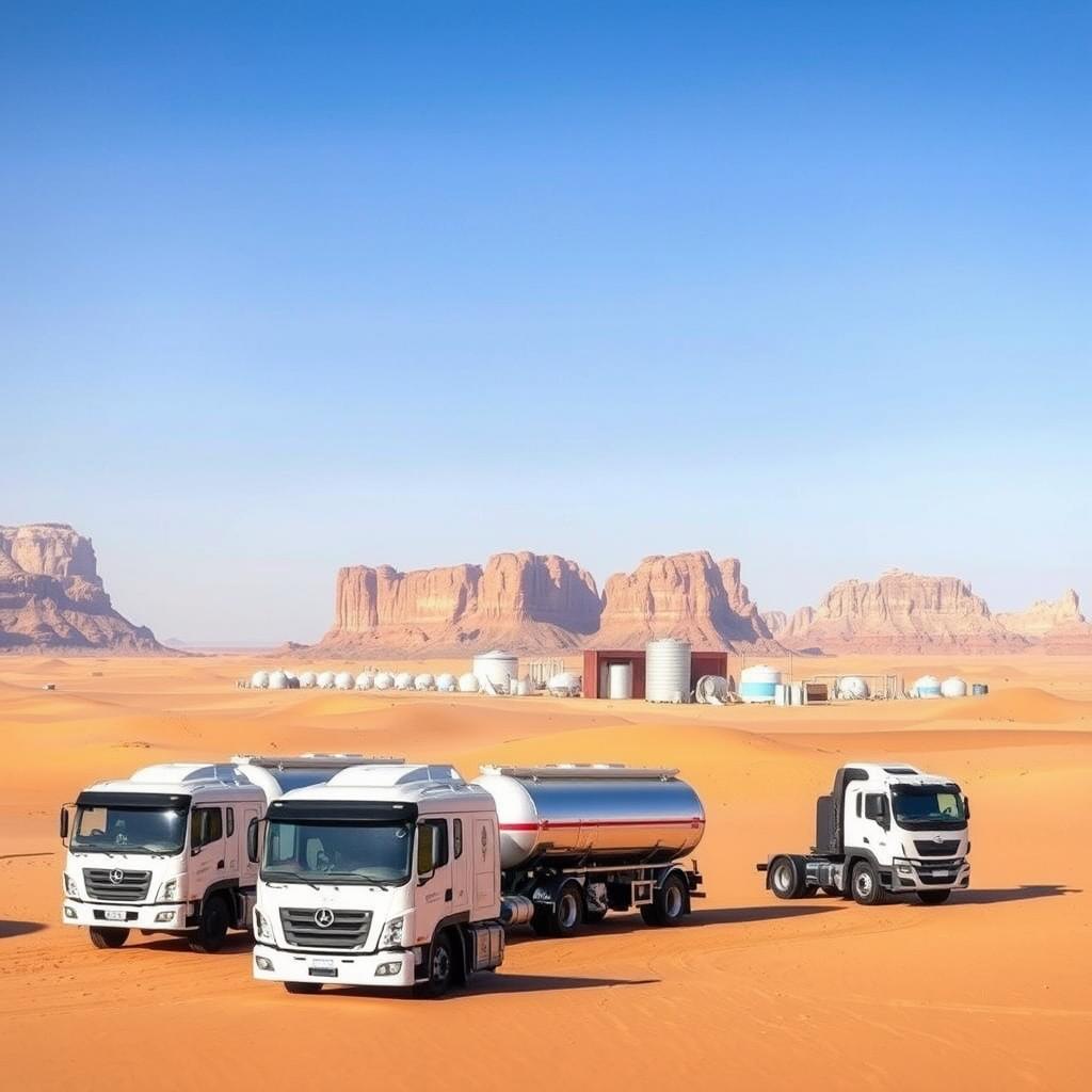 A serene desert oasis with a modern water delivery service, "تنكر مياه القادسية" stands tall amidst the sandy dunes. The foreground showcases a fleet of sleek, well-maintained water tanker trucks, their chrome fittings gleaming in the warm desert sun. In the middle ground, the company's state-of-the-art water storage and distribution facility, a testament to their commitment to reliable, around-the-clock service. The background features a vast, awe-inspiring desert landscape, with towering rocky outcroppings and a cloudless, azure sky. The overall atmosphere conveys a sense of efficiency, dependability, and a deep appreciation for the precious resource of water in this arid environment.