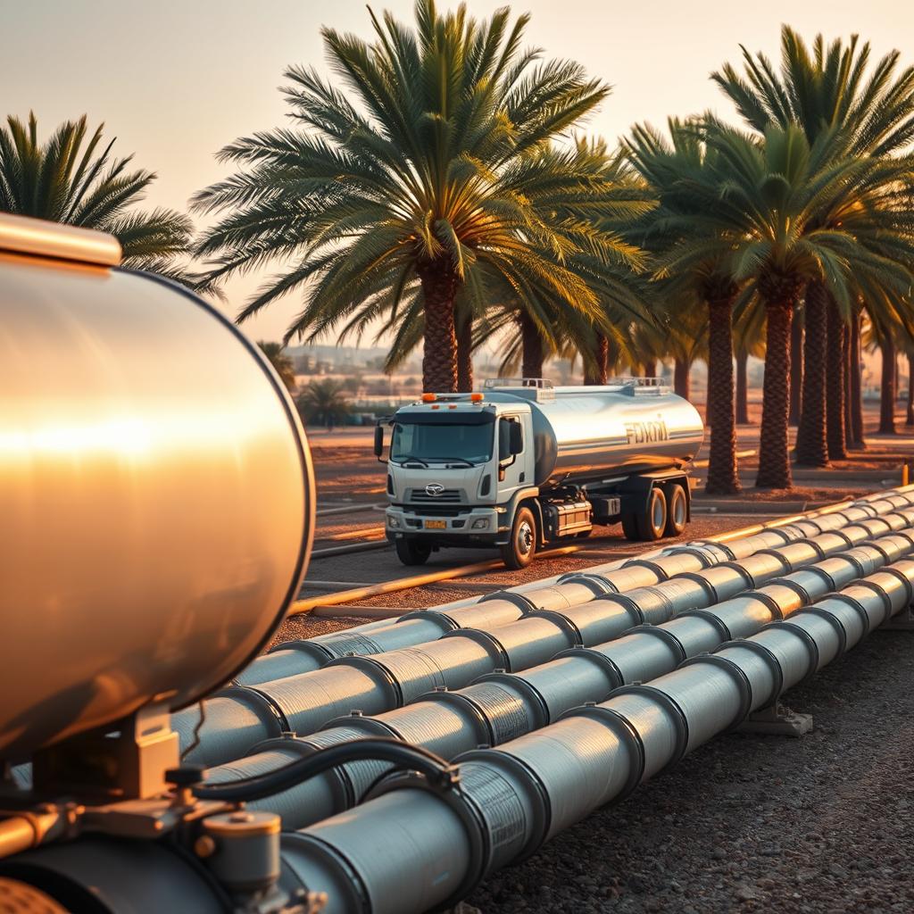 A serene landscape in Kuwait, showcasing the delivery of fresh, pristine water. In the foreground, a gleaming tanker truck carefully distributes its precious cargo, its metallic surface reflecting the warm, golden sunlight. The middle ground features a network of sturdy pipes, expertly laid to ensure the efficient and reliable transportation of this life-giving resource. In the background, lush palm trees sway gently, their verdant fronds creating a tranquil, oasis-like atmosphere. The overall scene conveys a sense of diligence, care, and the unwavering commitment to providing the people of Kuwait with access to clean, abundant water, the very essence of their vibrant coastal community.