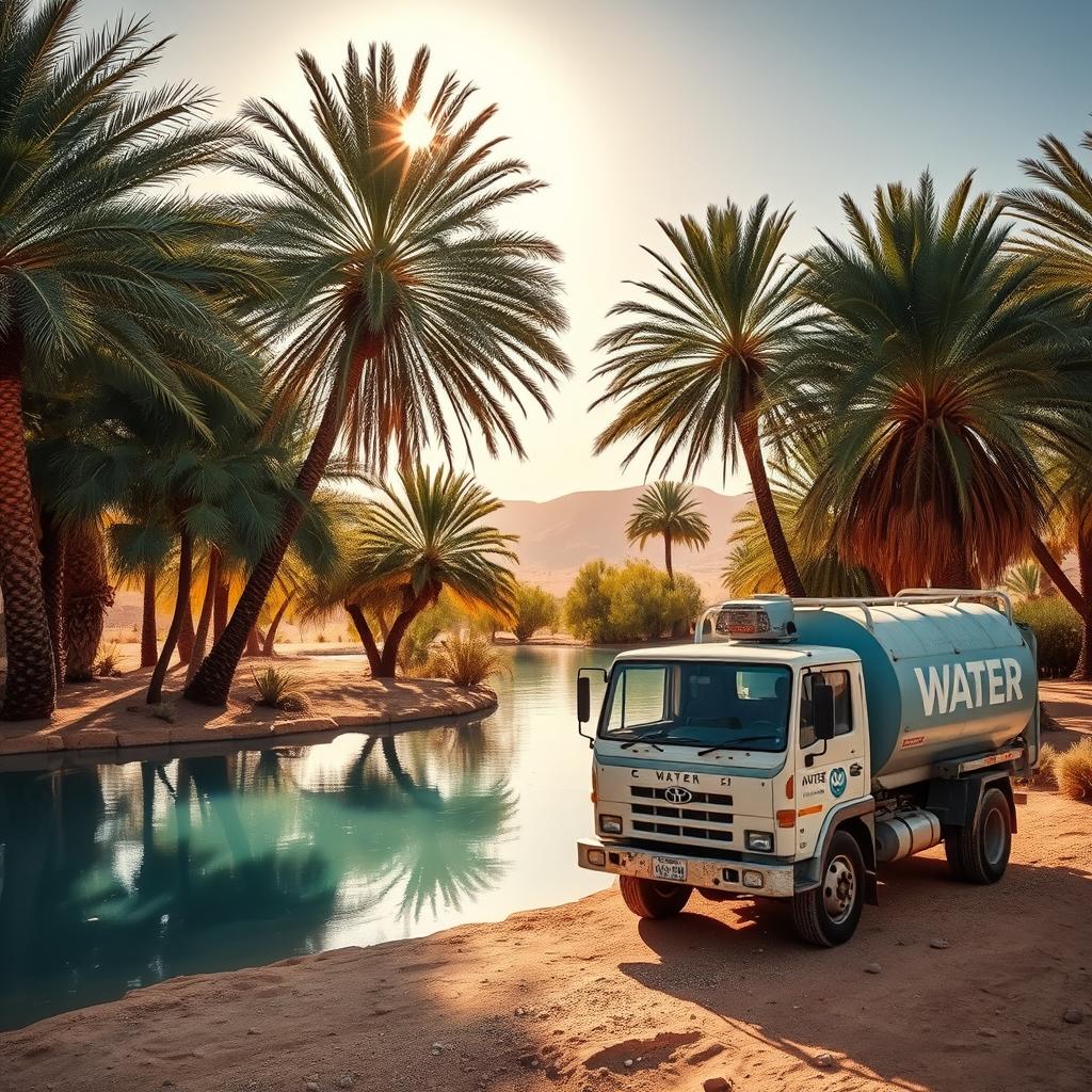 A serene landscape of a desert oasis, with a lush palm grove surrounding a tranquil pool of pristine, crystal-clear water. The sun's golden rays filter through the swaying fronds, casting warm, dappled shadows across the still surface. In the foreground, a weathered, traditional water delivery truck stands ready, its bold typography and utilitarian design hinting at the reliable, around-the-clock service it provides. The atmosphere exudes a sense of timelessness and self-sufficient tranquility, inviting the viewer to imagine the soothing sound of the water and the gentle breeze. The overall composition conveys the importance of this vital resource in the local community.