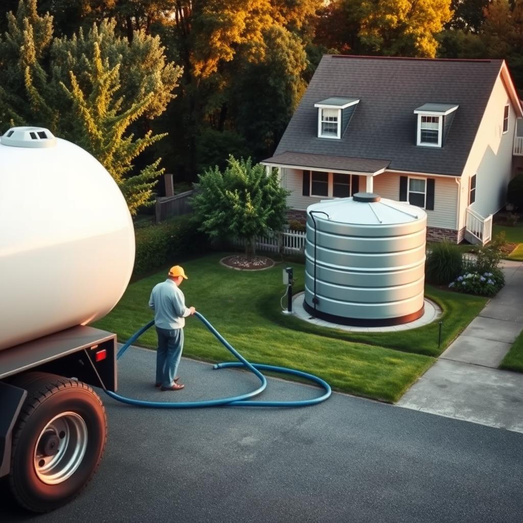 A serene outdoor scene depicting the delivery of fresh, clean water to a residential property. In the foreground, a water delivery truck is parked in a driveway, its attendant uncoiling a hose to connect to a large water storage tank. The middle ground shows the tank, its surface glistening in the warm sunlight, surrounded by lush greenery and a well-manicured lawn. In the background, a modest two-story house stands, its facade reflecting the tranquil atmosphere. Soft, diffused lighting creates a calming ambiance, while the camera angle suggests a bird's-eye view, providing a comprehensive understanding of the water delivery process. A serene outdoor scene depicting the delivery of fresh, clean water to a residential property. In the foreground, a water delivery truck is parked in a driveway, its attendant uncoiling a hose to connect to a large water storage tank. The middle ground shows the tank, its surface glistening in the warm sunlight, surrounded by lush greenery and a well-manicured lawn. In the background, a modest two-story house stands, its facade reflecting the tranquil atmosphere. Soft, diffused lighting creates a calming ambiance, while the camera angle suggests a bird's-eye view, providing a comprehensive understanding of the water delivery process.
