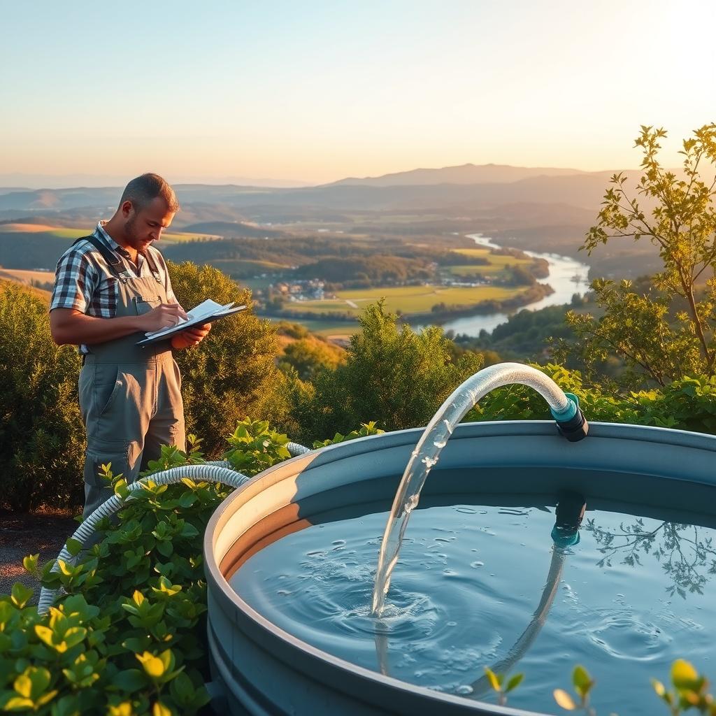 A serene outdoor scene depicting the inspection and refilling of a freshwater tank. In the foreground, a worker in overalls carefully examines the tank, clipboard in hand, while beside them, a clear hose snakes into the tank, gently filling it with clean, sparkling water. The middle ground features lush, verdant foliage surrounding the tank, creating a tranquil, natural setting. In the background, a picturesque landscape unfolds, with rolling hills, a meandering stream, and a clear, azure sky overhead, illuminated by warm, diffused lighting that casts a soft, golden glow across the entire scene. The overall mood is one of quiet contemplation and the simple pleasures of engaging with the natural world. A serene outdoor scene depicting the inspection and refilling of a freshwater tank. In the foreground, a worker in overalls carefully examines the tank, clipboard in hand, while beside them, a clear hose snakes into the tank, gently filling it with clean, sparkling water. The middle ground features lush, verdant foliage surrounding the tank, creating a tranquil, natural setting. In the background, a picturesque landscape unfolds, with rolling hills, a meandering stream, and a clear, azure sky overhead, illuminated by warm, diffused lighting that casts a soft, golden glow across the entire scene. The overall mood is one of quiet contemplation and the simple pleasures of engaging with the natural world.