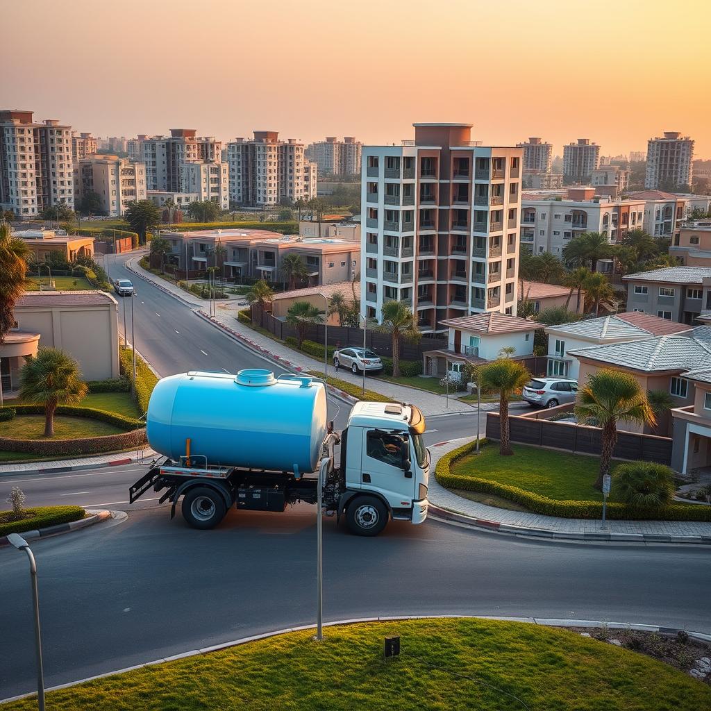 A serene residential neighborhood in Sabah Al-Nasser, Kuwait. In the foreground, a reliable water tanker service truck delivers fresh, clean water to a modern apartment building. The truck's powerful hydraulic lift effortlessly hoists the water tank, ensuring efficient and timely distribution to the building's residents. The middle ground features well-maintained roads and lush, verdant landscaping, creating a visually appealing setting. In the background, a mix of residential and commercial structures stand tall, reflecting the thriving community. The scene is bathed in warm, golden-hour lighting, evoking a sense of comfort and reliability. The overall atmosphere conveys a dependable, community-focused water service that caters to the needs of both homes and buildings in the area. A serene residential neighborhood in Sabah Al-Nasser, Kuwait. In the foreground, a reliable water tanker service truck delivers fresh, clean water to a modern apartment building. The truck's powerful hydraulic lift effortlessly hoists the water tank, ensuring efficient and timely distribution to the building's residents. The middle ground features well-maintained roads and lush, verdant landscaping, creating a visually appealing setting. In the background, a mix of residential and commercial structures stand tall, reflecting the thriving community. The scene is bathed in warm, golden-hour lighting, evoking a sense of comfort and reliability. The overall atmosphere conveys a dependable, community-focused water service that caters to the needs of both homes and buildings in the area.