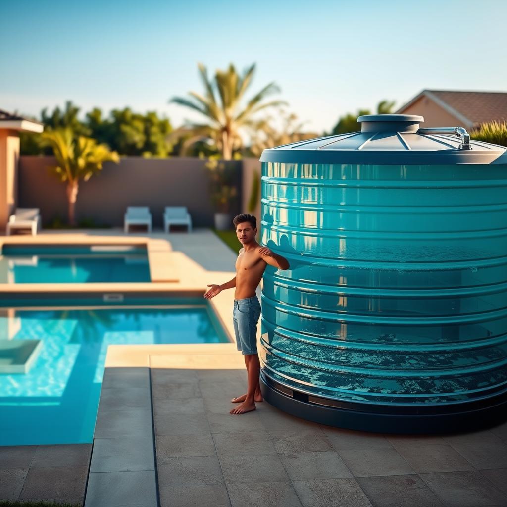 A serene residential setting with a well-maintained swimming pool and a large water storage tank. The tank is filled with clean, clear water, reflecting the surrounding landscape. In the foreground, a person is standing beside the pool, gesturing towards the tank, highlighting its purpose of storing water for both the pool and the household. Soft, natural lighting illuminates the scene, creating a warm and inviting atmosphere. The composition emphasizes the integration of water storage solutions into the overall design of the property, showcasing a practical and visually appealing approach to water management. A serene residential setting with a well-maintained swimming pool and a large water storage tank. The tank is filled with clean, clear water, reflecting the surrounding landscape. In the foreground, a person is standing beside the pool, gesturing towards the tank, highlighting its purpose of storing water for both the pool and the household. Soft, natural lighting illuminates the scene, creating a warm and inviting atmosphere. The composition emphasizes the integration of water storage solutions into the overall design of the property, showcasing a practical and visually appealing approach to water management.