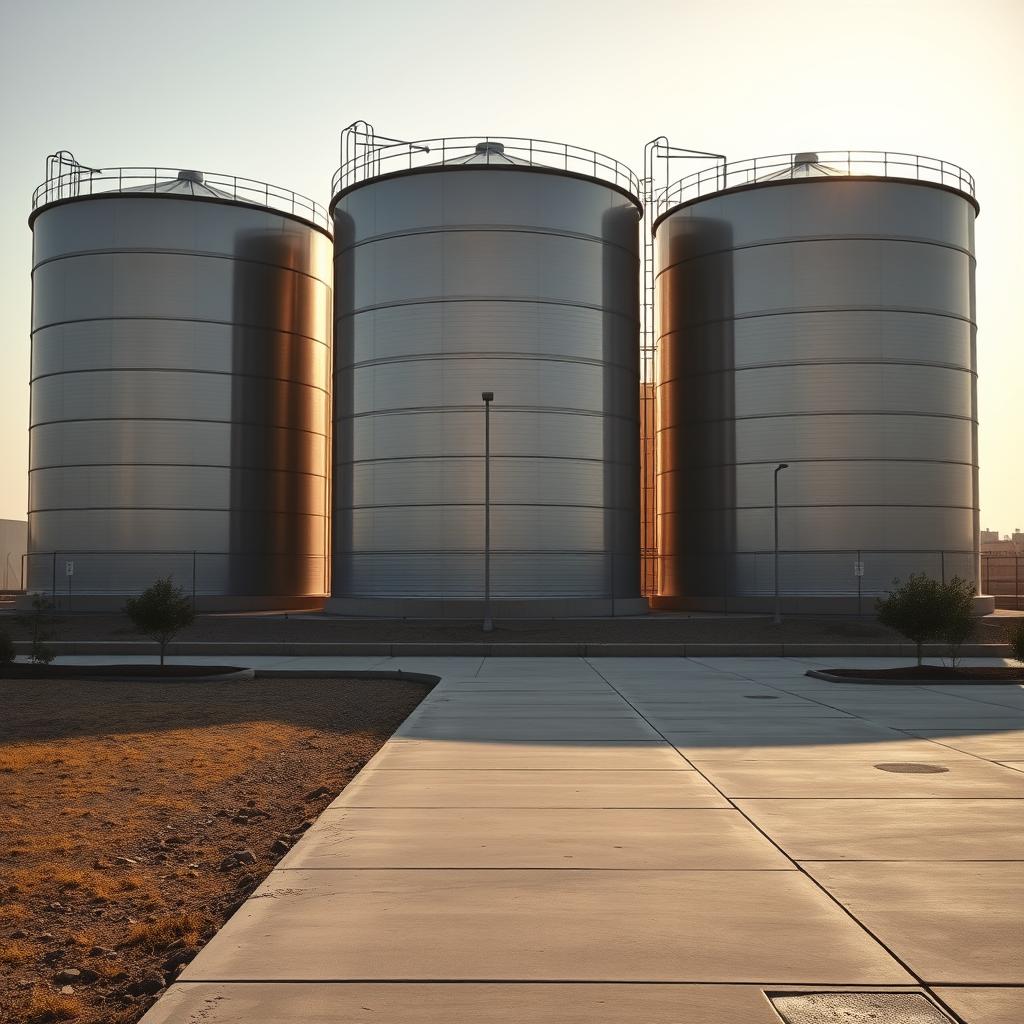 A serene scene of water storage tanks, their metallic frames standing tall against a cloudless sky. The tanks' cylindrical bodies reflect the warm, golden light, casting a gentle shimmer across the surrounding concrete landscape. In the foreground, a well-maintained pathway leads the viewer towards the tanks, inviting a closer inspection of this essential water infrastructure. The overall composition conveys a sense of order, functionality, and the importance of reliable water storage in the Shuwaikh area.