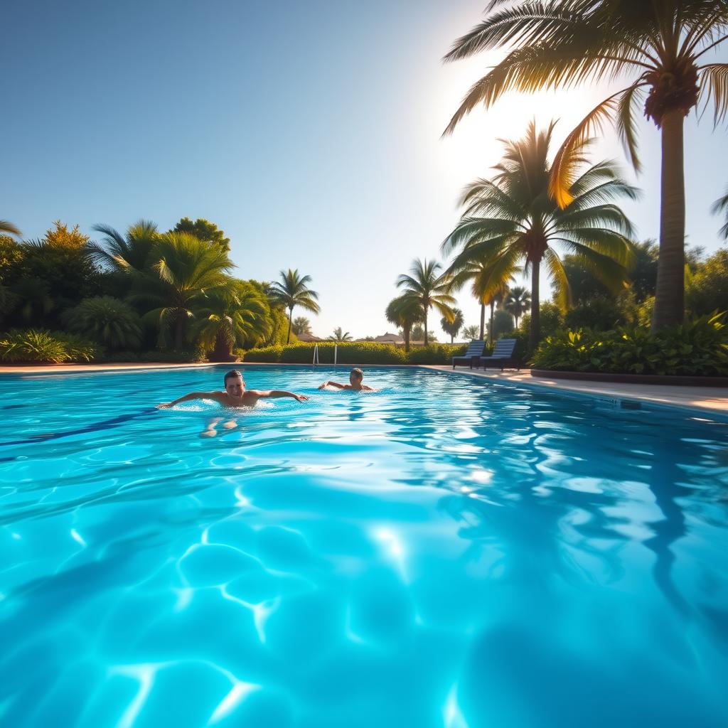 A serene, sun-dappled swimming pool filled with crystal-clear, pristine water. The pool's surface reflects the azure sky and lush greenery surrounding it, creating a tranquil, natural atmosphere. Swimmers gracefully glide through the water, enjoying the refreshing, safe, and clean aquatic environment. Vibrant, well-maintained landscaping frames the pool, with verdant plants and towering palm trees providing a lush, inviting backdrop. Soft, warm lighting filters through the scene, enhancing the overall sense of comfort and safety. The image conveys a soothing, rejuvenating ambiance, perfectly capturing the essence of "filling swimming pools with safe, clean freshwater." A serene, sun-dappled swimming pool filled with crystal-clear, pristine water. The pool's surface reflects the azure sky and lush greenery surrounding it, creating a tranquil, natural atmosphere. Swimmers gracefully glide through the water, enjoying the refreshing, safe, and clean aquatic environment. Vibrant, well-maintained landscaping frames the pool, with verdant plants and towering palm trees providing a lush, inviting backdrop. Soft, warm lighting filters through the scene, enhancing the overall sense of comfort and safety. The image conveys a soothing, rejuvenating ambiance, perfectly capturing the essence of "filling swimming pools with safe, clean freshwater."