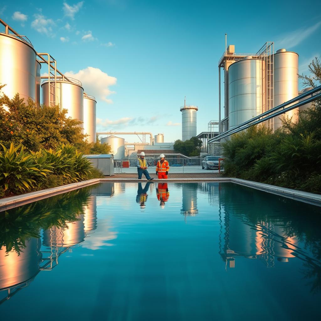 A serene vista of a water treatment plant, its gleaming tanks and pipework surrounded by lush greenery. The foreground showcases a crystal-clear pool, its surface reflecting the azure sky above. In the middle ground, technicians in safety gear inspect the water quality, their expressions focused and professional. The background features towering silos and imposing industrial architecture, conveying a sense of scale and technological prowess. Warm, diffused lighting casts a comforting glow, while a gentle breeze rustles the verdant foliage. The overall scene radiates a sense of safety, efficiency, and environmental stewardship.