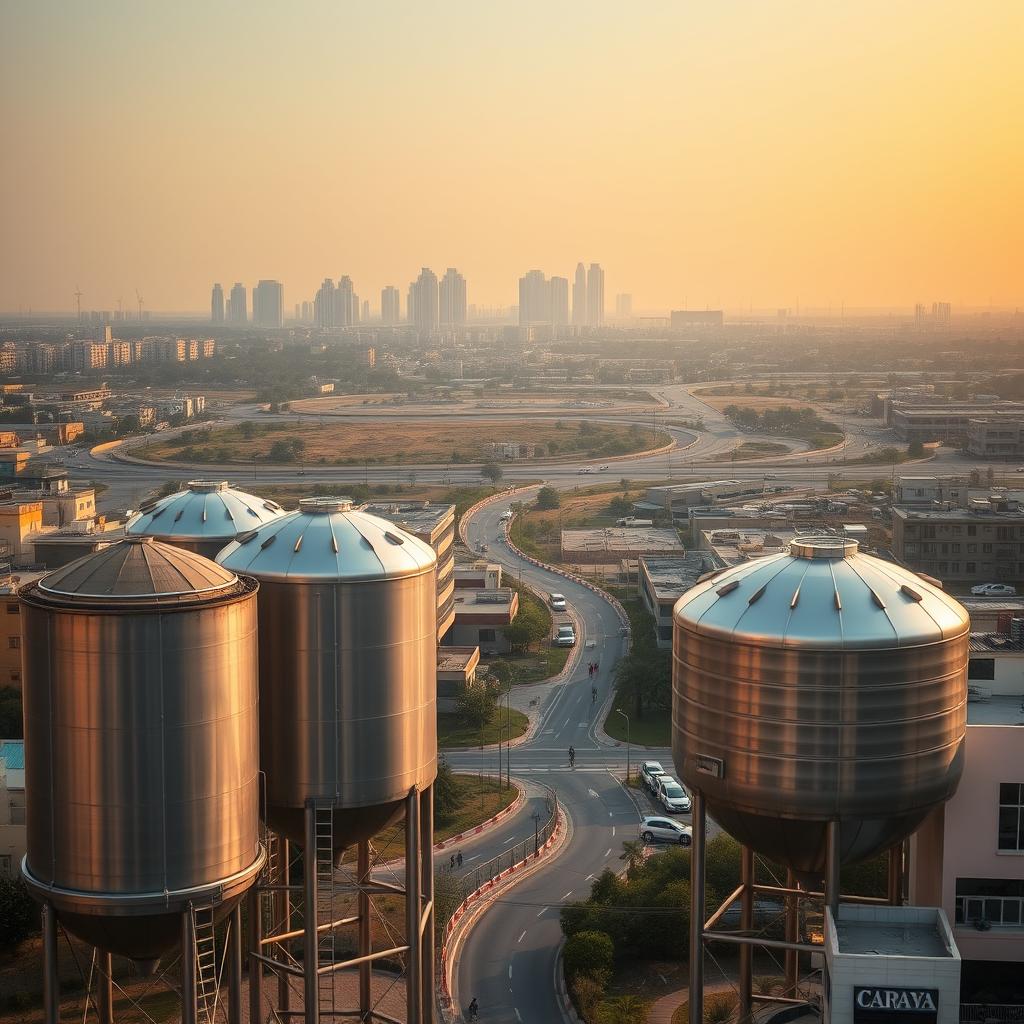 A serene vista of water tanks nestled in a vibrant urban landscape. In the foreground, several gleaming metal water tanks stand tall, their reflective surfaces mirroring the surrounding buildings. The midground features a network of roads and sidewalks, bustling with activity as residents go about their daily lives. In the background, a skyline of modern high-rises and infrastructure emerges, hinting at the thriving community that relies on the essential service of water distribution. Warm, diffused lighting casts a soft glow, conveying a sense of comfort and vitality. The overall scene captures the intersection of functional necessity and the dynamic, evolving urban environment of Shuwaikh.