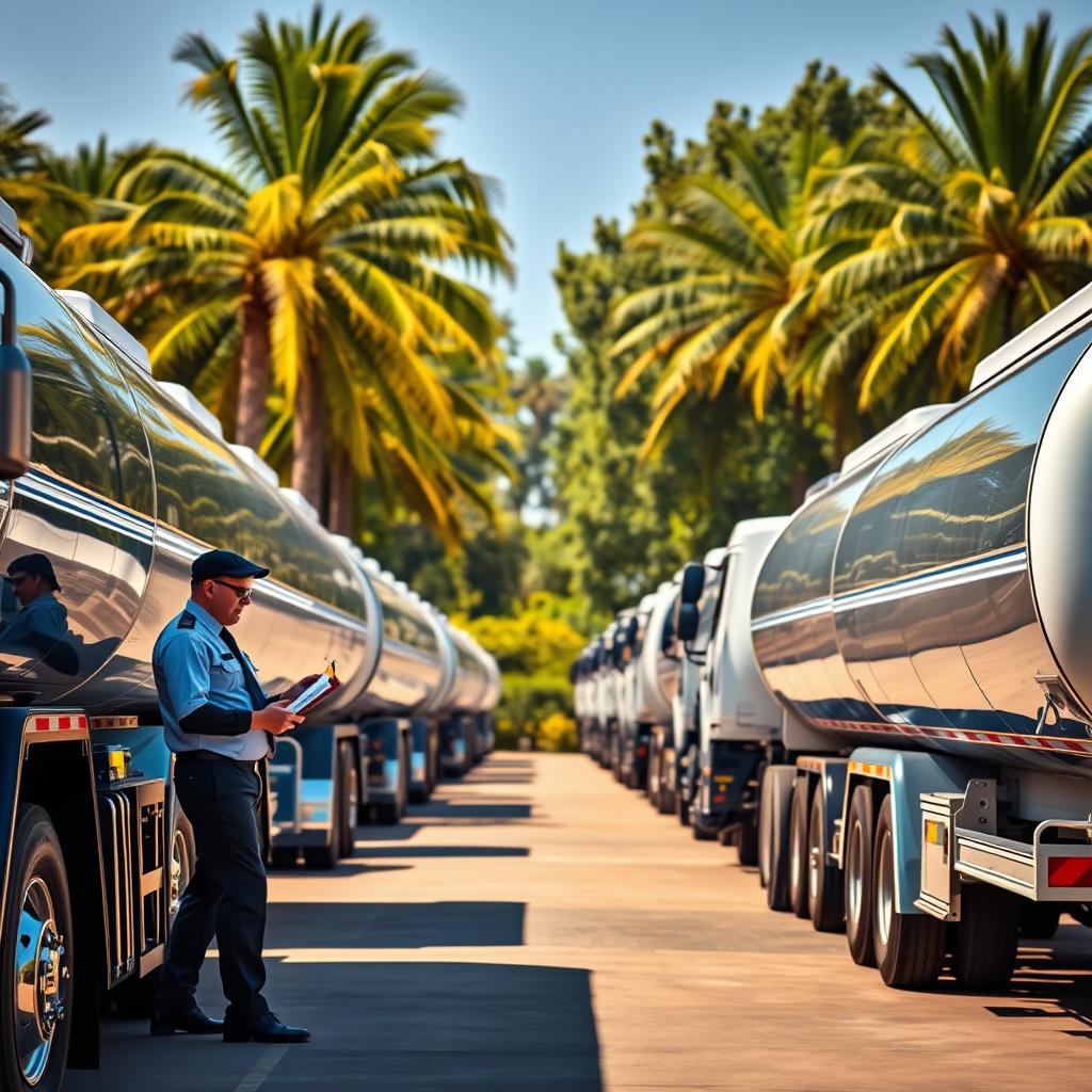 A sleek, modern fleet of water tankers parked in a neatly organized yard, ready to deliver fresh, clean water to commercial and residential customers in Cordoba. The tankers gleam in the warm, directional sunlight, their polished chrome and metallic accents reflecting the vibrant colors of the surrounding landscape. In the foreground, a uniformed driver stands beside one of the tankers, clipboard in hand, discussing the day's delivery schedule with a customer. The middle ground features a line of expertly maneuvered tankers, their tanks brimming with pure, crystalline water. In the background, a verdant oasis of palm trees and lush foliage creates a tranquil, serene atmosphere, hinting at the ultimate destination of the water being delivered.