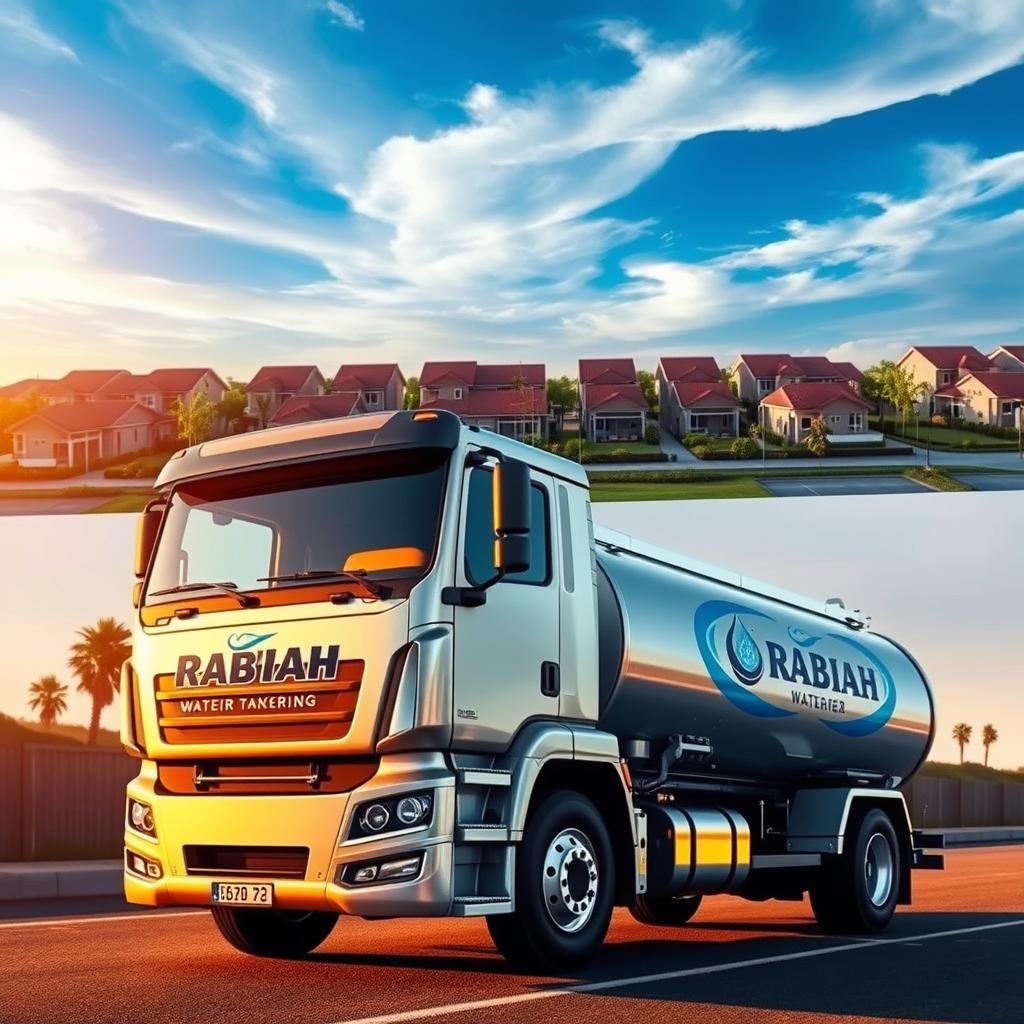 A striking image showcasing the core service of Rabiah Water Tankering - the delivery of fresh, potable water. In the foreground, a large water tanker truck with a bold company logo prominently displayed, its silver exterior gleaming under warm, golden-hued lighting. The truck is positioned at an angle, conveying a sense of dynamism and efficiency. The middle ground features a residential or commercial setting, with neatly arranged buildings and lush greenery, hinting at the areas serviced by the water delivery. In the background, a vibrant blue sky with wispy clouds, creating a serene and inviting atmosphere. The overall composition and lighting evoke a sense of professionalism, reliability, and the essential role of Rabiah Water Tankering in providing a vital service to the community.