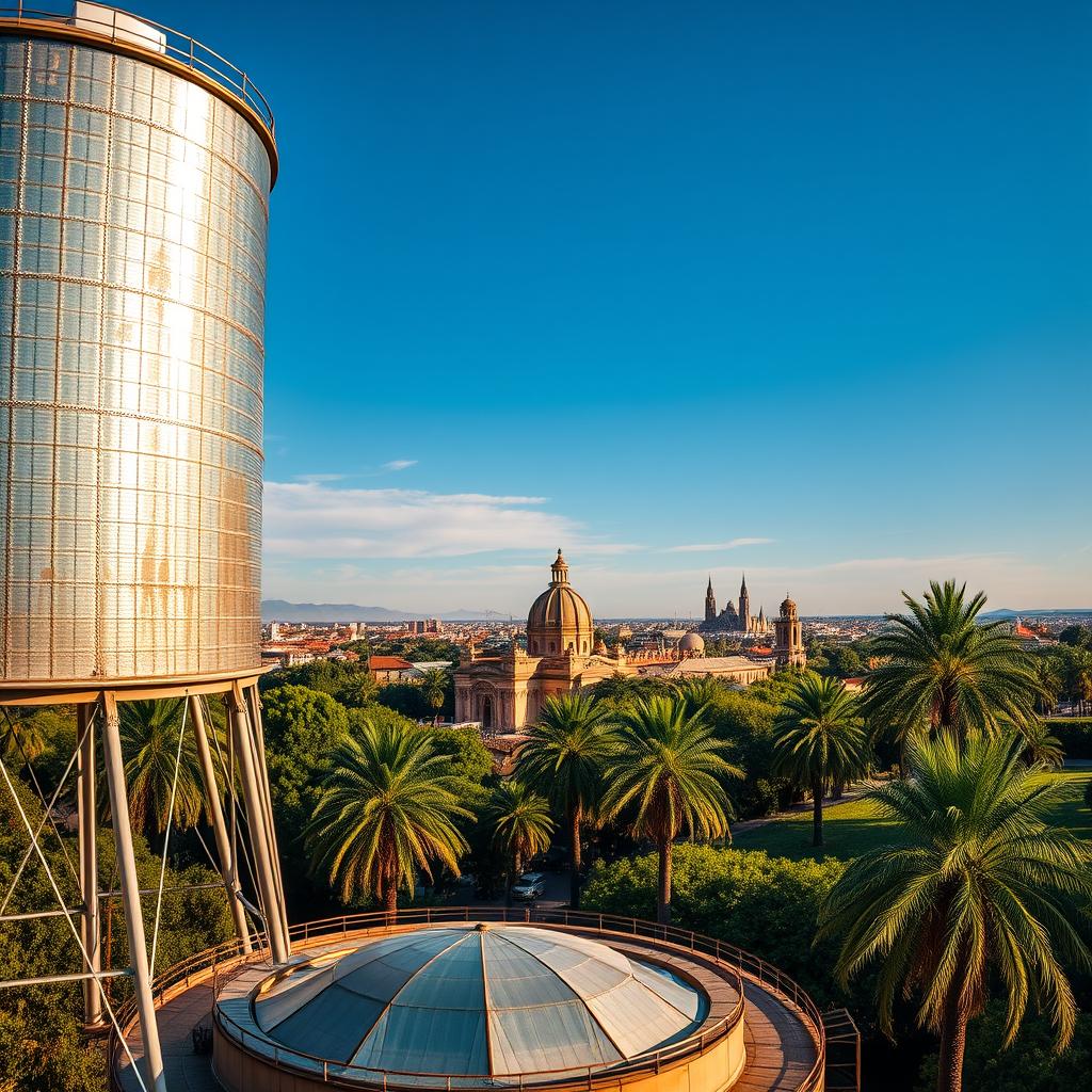 A stunning panoramic view of the iconic Córdoba water tanks, standing tall and proud against the backdrop of the city's vibrant skyline. The tanks, constructed from gleaming steel and concrete, reflect the light in mesmerizing patterns, creating a captivating interplay of shadows and highlights. In the foreground, the intricate architectural details of the tanks' design are meticulously rendered, inviting the viewer to appreciate the engineering prowess behind this remarkable structure. The middle ground showcases the surrounding lush greenery, with towering palm trees swaying gently in the breeze, while the distant horizon is dotted with the iconic domes and spires of Córdoba's historic buildings. The overall scene exudes a sense of tranquility and timelessness, capturing the essence of this vital water source that has sustained the city for generations.