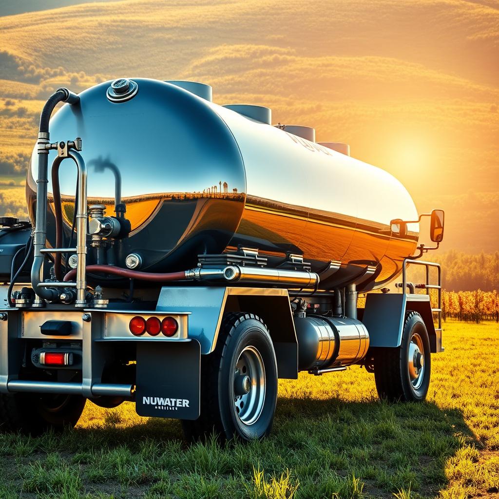 A sturdy water tanker truck stands in a sun-dappled field, its gleaming chrome fittings and towering tank reflecting the golden light. The vehicle's powerful chassis and rugged tires suggest its ability to navigate uneven terrain, delivering its precious cargo of water to remote areas. The truck's design prioritizes functionality, with a simple, utilitarian aesthetic that conveys a sense of dependability and efficiency. In the background, a lush, verdant landscape provides a serene backdrop, hinting at the importance of the water supply it helps to maintain. The overall scene evokes a sense of reliability, sustainability, and the vital role water infrastructure plays in optimizing irrigation and nurturing the natural environment.
