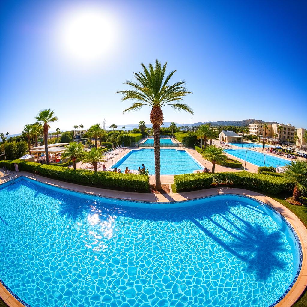 A sun-drenched oasis of shimmering pools, surrounded by lush greenery and bustling activity. In the foreground, a series of crystal-clear swimming pools, their waters glistening under the warm Mediterranean sun. The middle ground features expertly manicured landscaping, with vibrant palm trees and neatly trimmed hedges framing the pools. In the background, a glimpse of nearby sports facilities and support services, all seamlessly integrated into the serene, tranquil atmosphere. Captured through a wide-angle lens, the scene conveys a sense of scale and immersion, inviting the viewer to imagine themselves relaxing in this picturesque, well-equipped aquatic paradise.