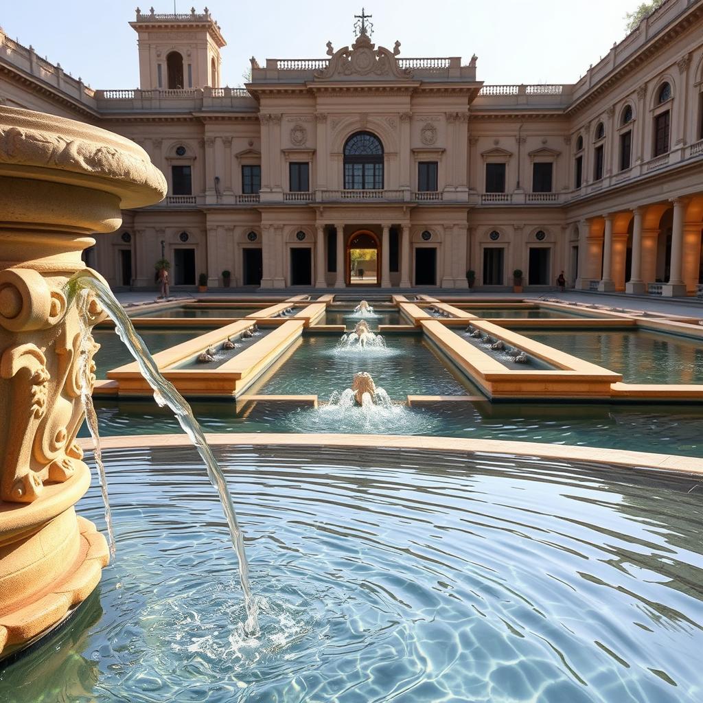 A tranquil scene of a palace's water filtration and purification system. In the foreground, crystal-clear water cascades from an intricately carved stone fountain, its surface gently rippling. The middle ground features a series of meticulously maintained pools and channels, each with carefully regulated water flow and chemical treatments. In the background, towering palace walls are adorned with ornate architectural details, conveying a sense of grandeur and sophistication. Soft, warm lighting illuminates the scene, casting gentle shadows and highlighting the purity and clarity of the water. The overall atmosphere exudes a serene, well-maintained, and technologically advanced approach to water quality and sanitation within the palace grounds. A tranquil scene of a palace's water filtration and purification system. In the foreground, crystal-clear water cascades from an intricately carved stone fountain, its surface gently rippling. The middle ground features a series of meticulously maintained pools and channels, each with carefully regulated water flow and chemical treatments. In the background, towering palace walls are adorned with ornate architectural details, conveying a sense of grandeur and sophistication. Soft, warm lighting illuminates the scene, casting gentle shadows and highlighting the purity and clarity of the water. The overall atmosphere exudes a serene, well-maintained, and technologically advanced approach to water quality and sanitation within the palace grounds.
