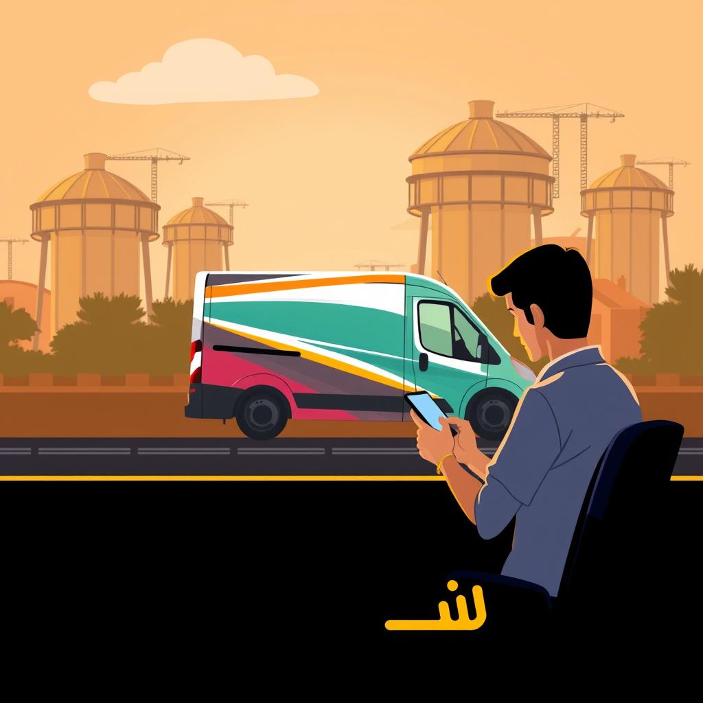 A vibrant illustration of "طلب توصيل" set against the backdrop of the historic Córdoba water tanks. In the foreground, a person sitting at a desk intently using a smartphone, conveying the ease and convenience of modern delivery services. The middle ground features a stylized representation of a delivery vehicle, its sleek design and bold colors evoking speed and efficiency. In the background, the iconic Córdoba water tanks loom, their striking architectural forms adding a sense of timelessness and cultural heritage. The lighting is warm and inviting, creating a welcoming atmosphere. The overall composition blends the traditional and the contemporary, reflecting the seamless integration of modern conveniences into the rich tapestry of Córdoba's history.