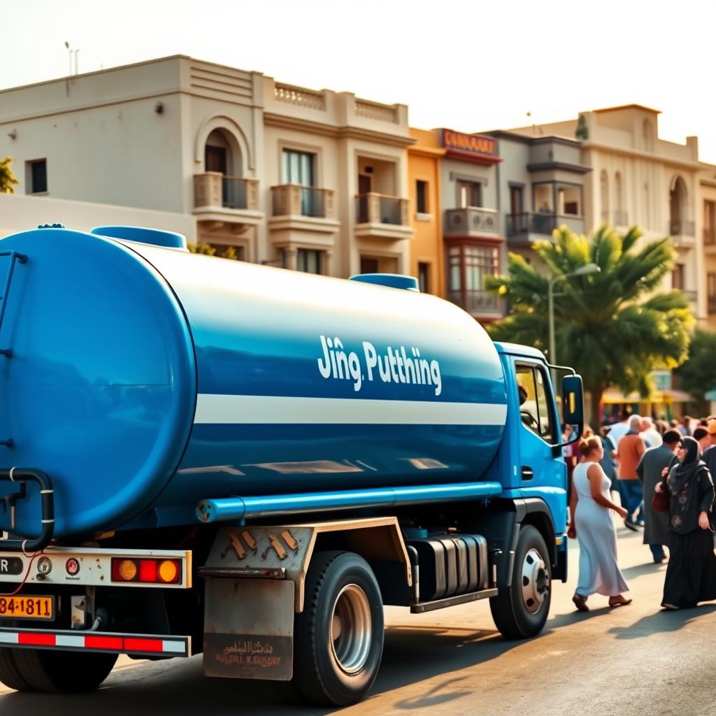 A water tanker truck parked on a bustling street in Sabah Al-Nasser, its bright blue tank glistening under the warm morning sun. The vehicle is surrounded by local pedestrians going about their daily routines, creating a lively urban scene. In the background, a row of traditional Kuwaiti architecture stands tall, evoking the neighborhood's cultural heritage. The composition highlights the tanker's prominent role in providing essential water resources to the community, capturing the essence of the section title "تنكر مياه صباح الناصر". A water tanker truck parked on a bustling street in Sabah Al-Nasser, its bright blue tank glistening under the warm morning sun. The vehicle is surrounded by local pedestrians going about their daily routines, creating a lively urban scene. In the background, a row of traditional Kuwaiti architecture stands tall, evoking the neighborhood's cultural heritage. The composition highlights the tanker's prominent role in providing essential water resources to the community, capturing the essence of the section title "تنكر مياه صباح الناصر".