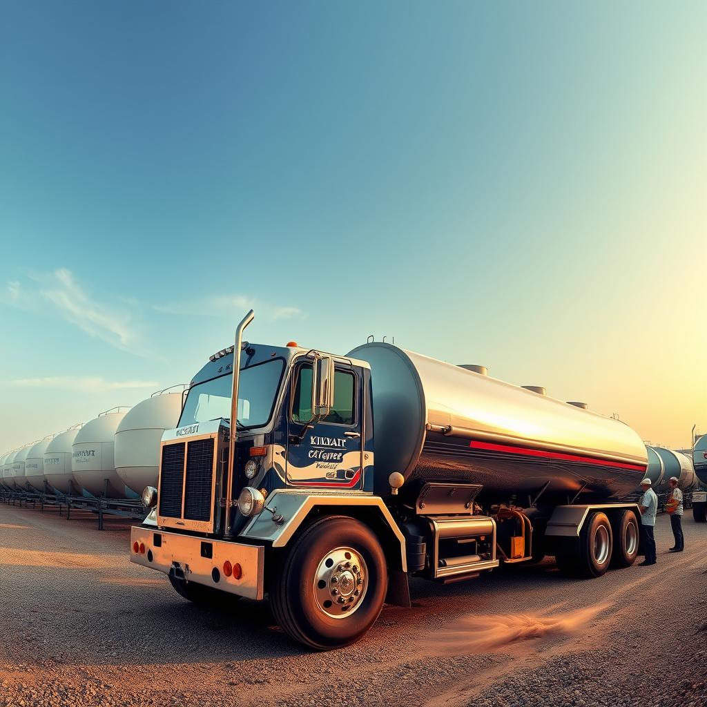 A wide, sweeping panorama of a Kuwaiti water tanker depot, with rows of gleaming steel tanks standing tall against a backdrop of a cloudless azure sky. In the foreground, a meticulously detailed tanker truck, its chrome fittings glinting in the warm, diffused sunlight, its tires kicking up a soft cloud of dust as it navigates the well-maintained gravel yard. The middle ground features a team of workers in protective gear, diligently overseeing the transfer of water from the main storage tanks into the waiting tankers, ensuring a seamless, efficient operation. The overall scene conveys a sense of order, reliability, and the critical role these water tankers play in servicing the needs of the Kuwaiti populace. A wide, sweeping panorama of a Kuwaiti water tanker depot, with rows of gleaming steel tanks standing tall against a backdrop of a cloudless azure sky. In the foreground, a meticulously detailed tanker truck, its chrome fittings glinting in the warm, diffused sunlight, its tires kicking up a soft cloud of dust as it navigates the well-maintained gravel yard. The middle ground features a team of workers in protective gear, diligently overseeing the transfer of water from the main storage tanks into the waiting tankers, ensuring a seamless, efficient operation. The overall scene conveys a sense of order, reliability, and the critical role these water tankers play in servicing the needs of the Kuwaiti populace.