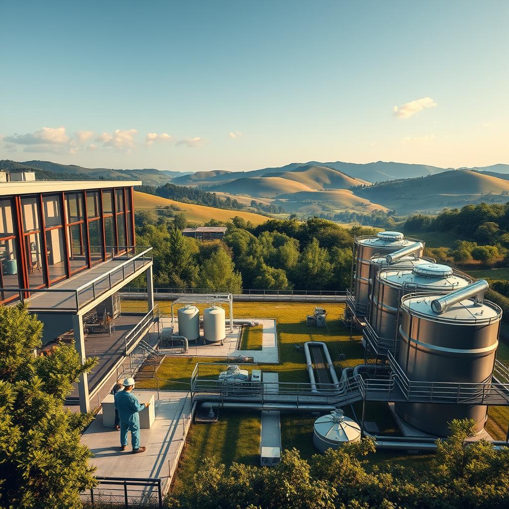 Detailed, hyperrealistic image of a professional water treatment facility situated in a lush, verdant natural setting. The plant's modern architecture features clean lines, glass panels, and steel accents, blending seamlessly with the surrounding landscape. In the foreground, a team of technicians in protective gear meticulously monitors the water purification processes, ensuring the highest quality standards. The middle ground showcases state-of-the-art filtration equipment, tanks, and pipework, all bathed in warm, directional lighting that casts dramatic shadows. In the background, rolling hills and a cloudless sky create a serene, tranquil atmosphere, conveying a sense of balance between technology and nature. The overall tone is one of professionalism, efficiency, and environmental stewardship.