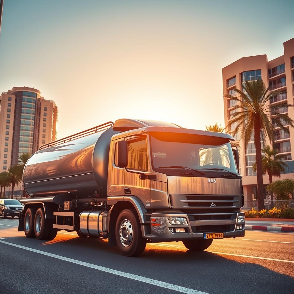 Prompt A high-quality image showcasing the rapid water delivery service in Kuwait. In the foreground, a large, modern water tanker truck is prominently displayed, its metallic exterior gleaming under the warm, golden light of the afternoon sun. The truck is surrounded by a bustling urban landscape, with tall buildings, palm trees, and a clear blue sky in the background. The scene conveys a sense of efficiency and convenience, capturing the speed and reliability of the water delivery service. The composition is balanced and aesthetically pleasing, using a slightly elevated camera angle to provide a dynamic perspective. The overall mood is one of professionalism, modernity, and attention to customer service. Prompt A high-quality image showcasing the rapid water delivery service in Kuwait. In the foreground, a large, modern water tanker truck is prominently displayed, its metallic exterior gleaming under the warm, golden light of the afternoon sun. The truck is surrounded by a bustling urban landscape, with tall buildings, palm trees, and a clear blue sky in the background. The scene conveys a sense of efficiency and convenience, capturing the speed and reliability of the water delivery service. The composition is balanced and aesthetically pleasing, using a slightly elevated camera angle to provide a dynamic perspective. The overall mood is one of professionalism, modernity, and attention to customer service.